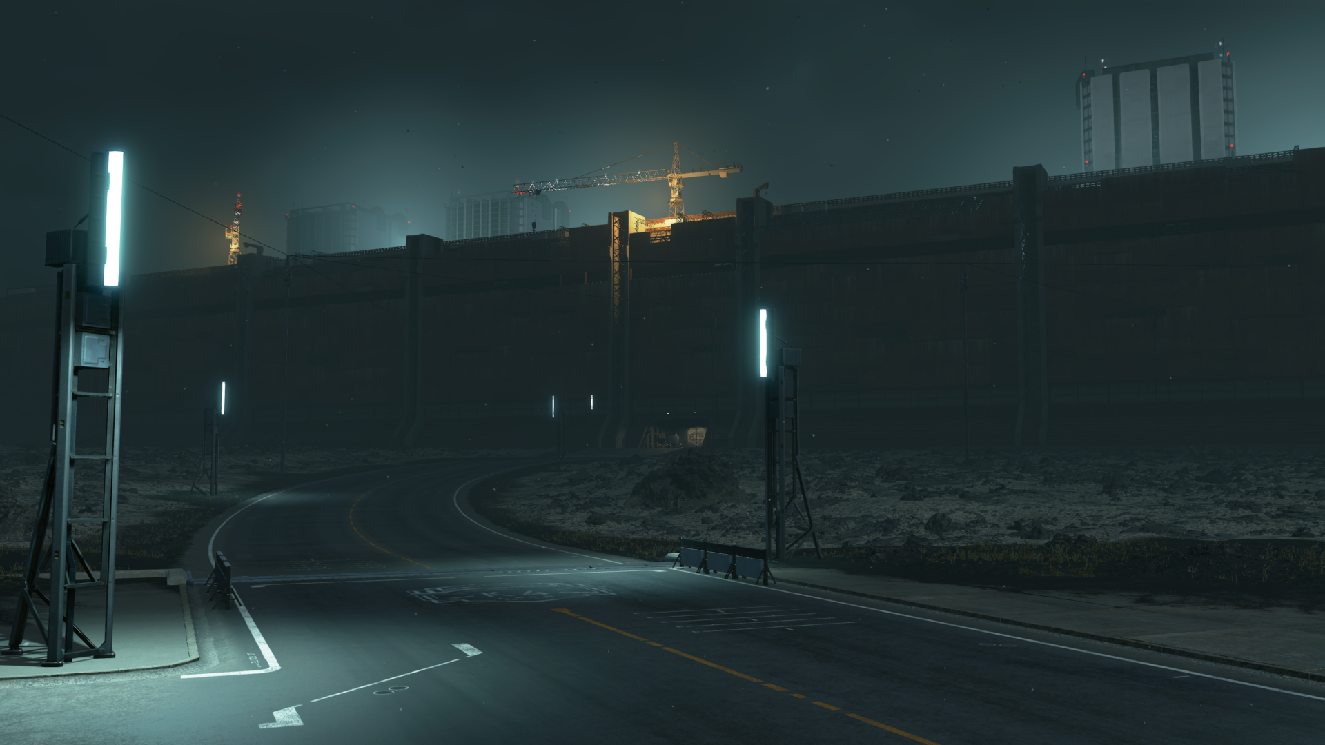 Death Stranding Night Mist Futuristic Construction Constructicons Wall Road Video Games Lake Knot Ci 1920x1080