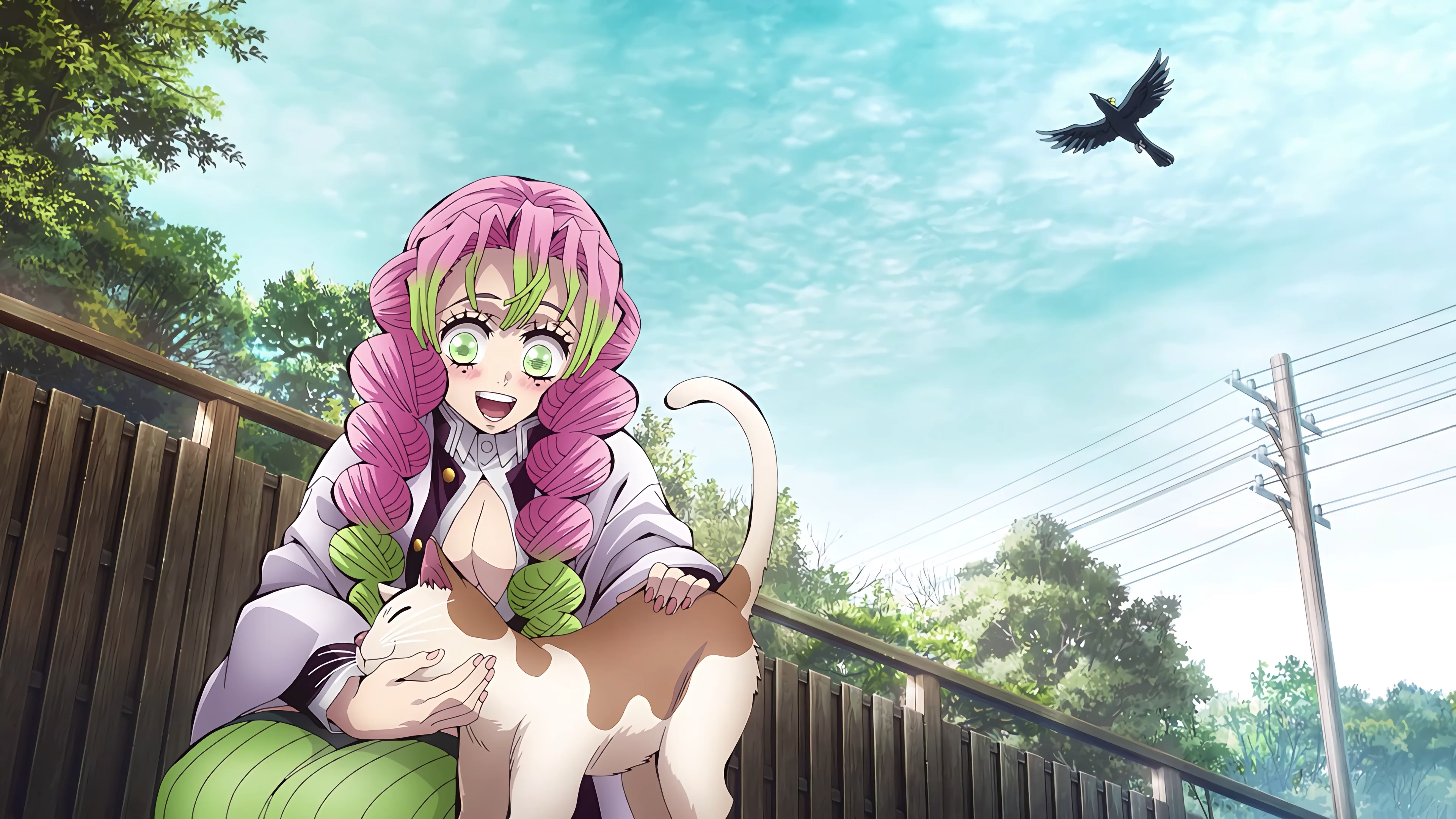 Mitsuri Kanroji Kimetsu No Yaiba Anime Girls Cats Animals Sky Clouds Birds Two Tone Hair Moles Mole  3840x2160