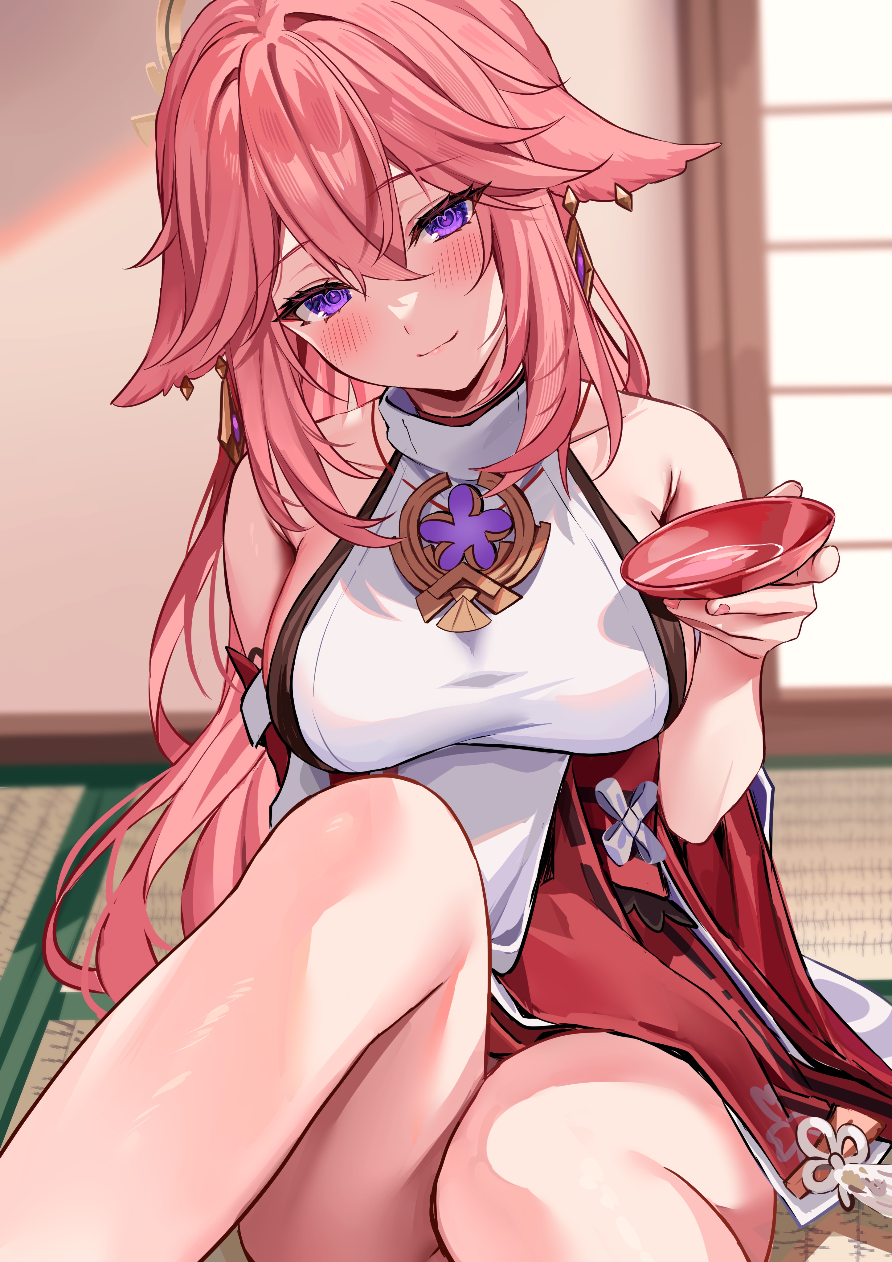 Anime Anime Girls Genshin Impact Yae Miko Genshin Impact Pink Hair Purple Eyes Blushing 2894x4093