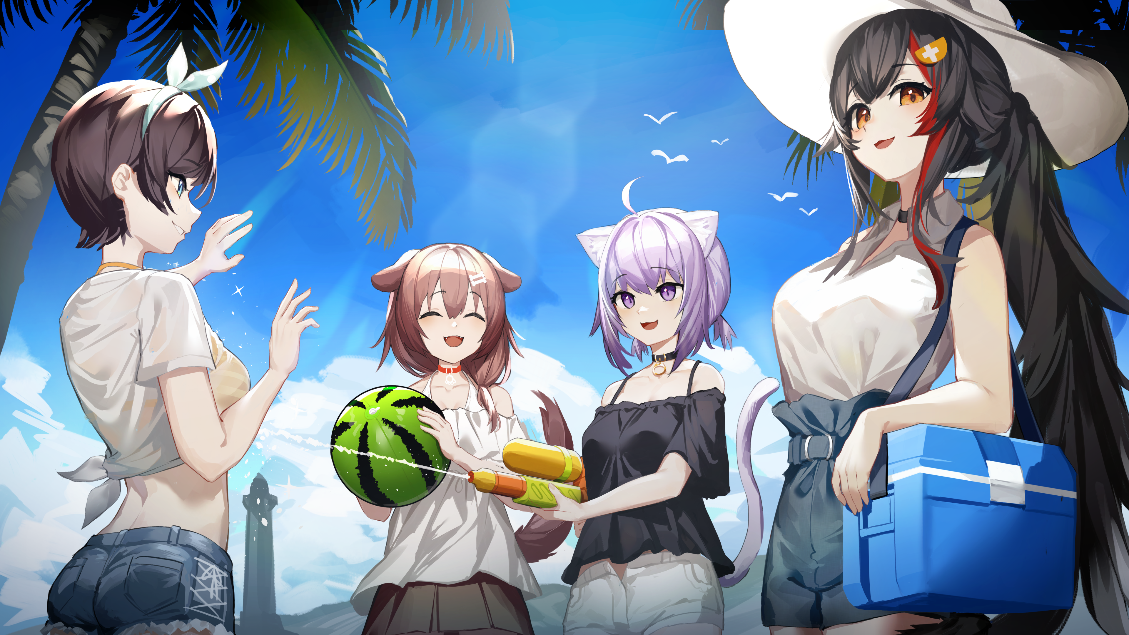 Anime Anime Girls Digital Art Artwork Pixiv 2D Closed Eyes Watermelons Water Guns Sky Clouds Palm Tr 3840x2160