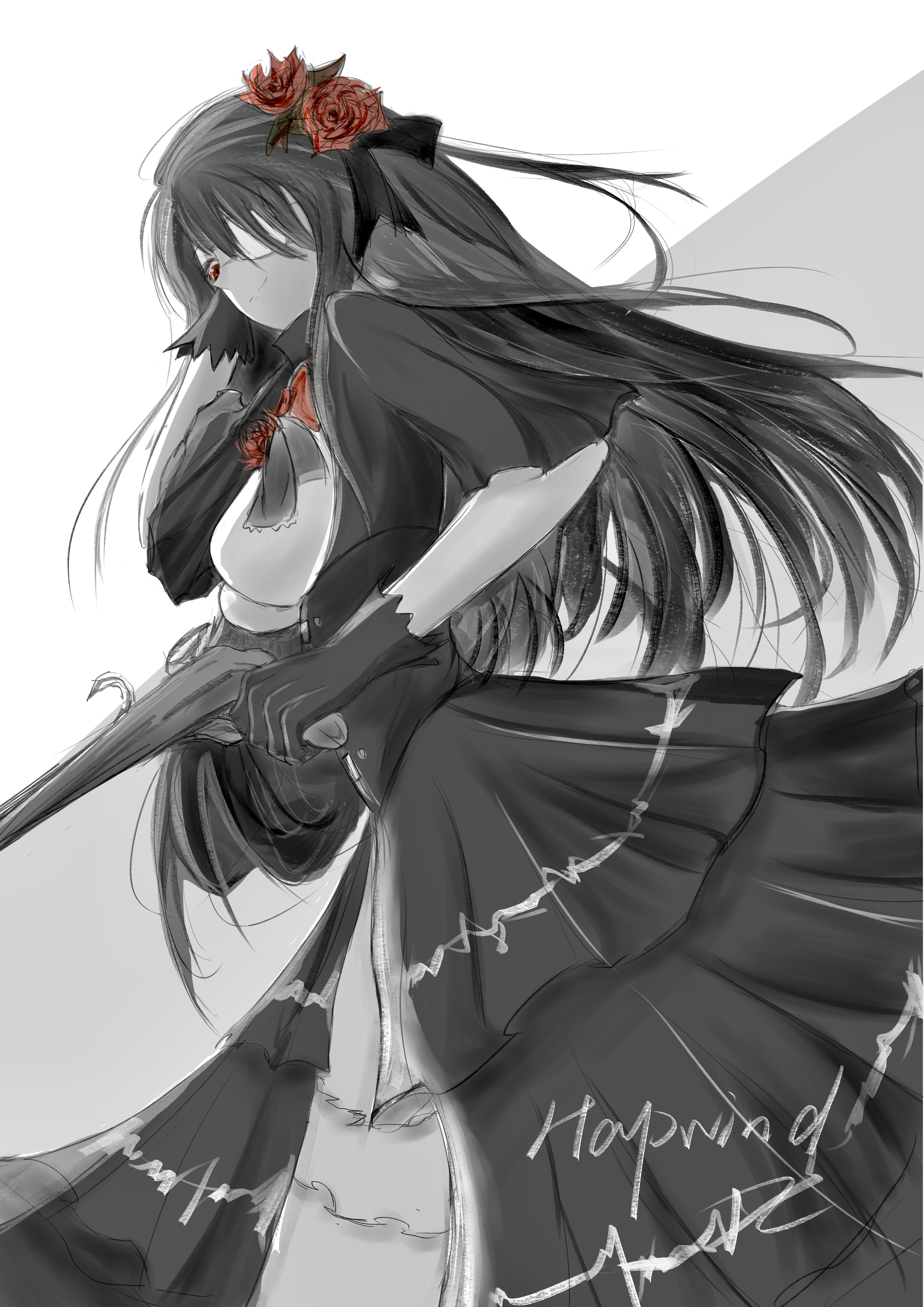 Anime Anime Girls Flower In Hair Long Hair Weapon Gun Women With Weapons Red Flowers Simple Backgrou 2480x3508