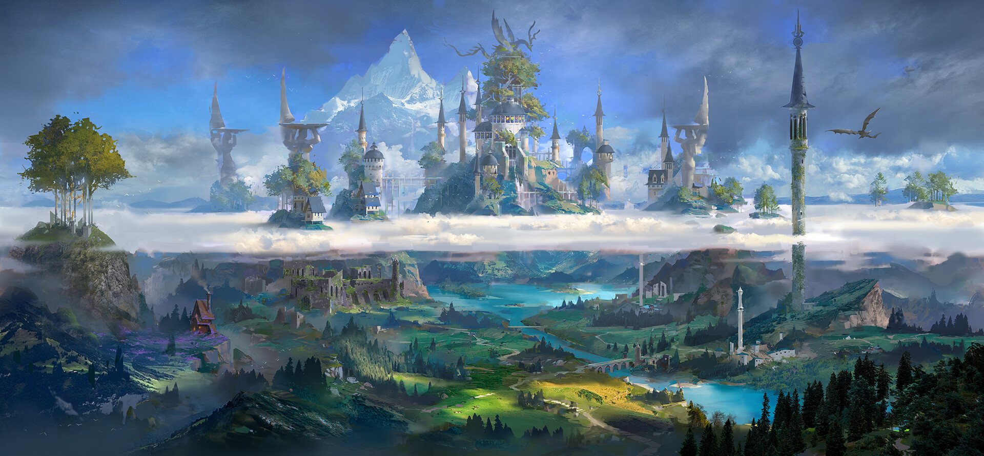 Digital Art Fantasy Art 3 LY Studio Landscape Fantasy Architecture Clouds Mountains Dragon 1920x890