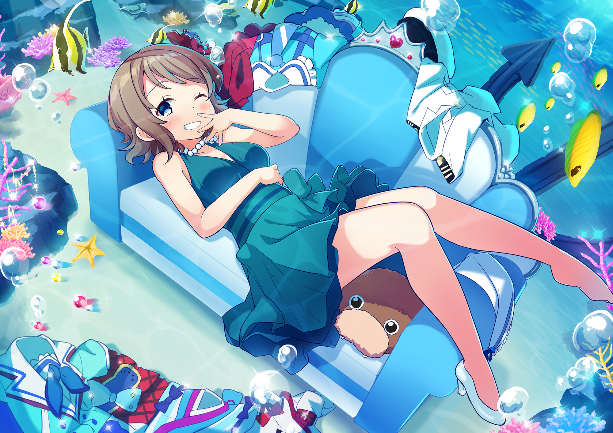 Anime Girls Anime Couch Water Fish Dress Bubbles 2000x1414