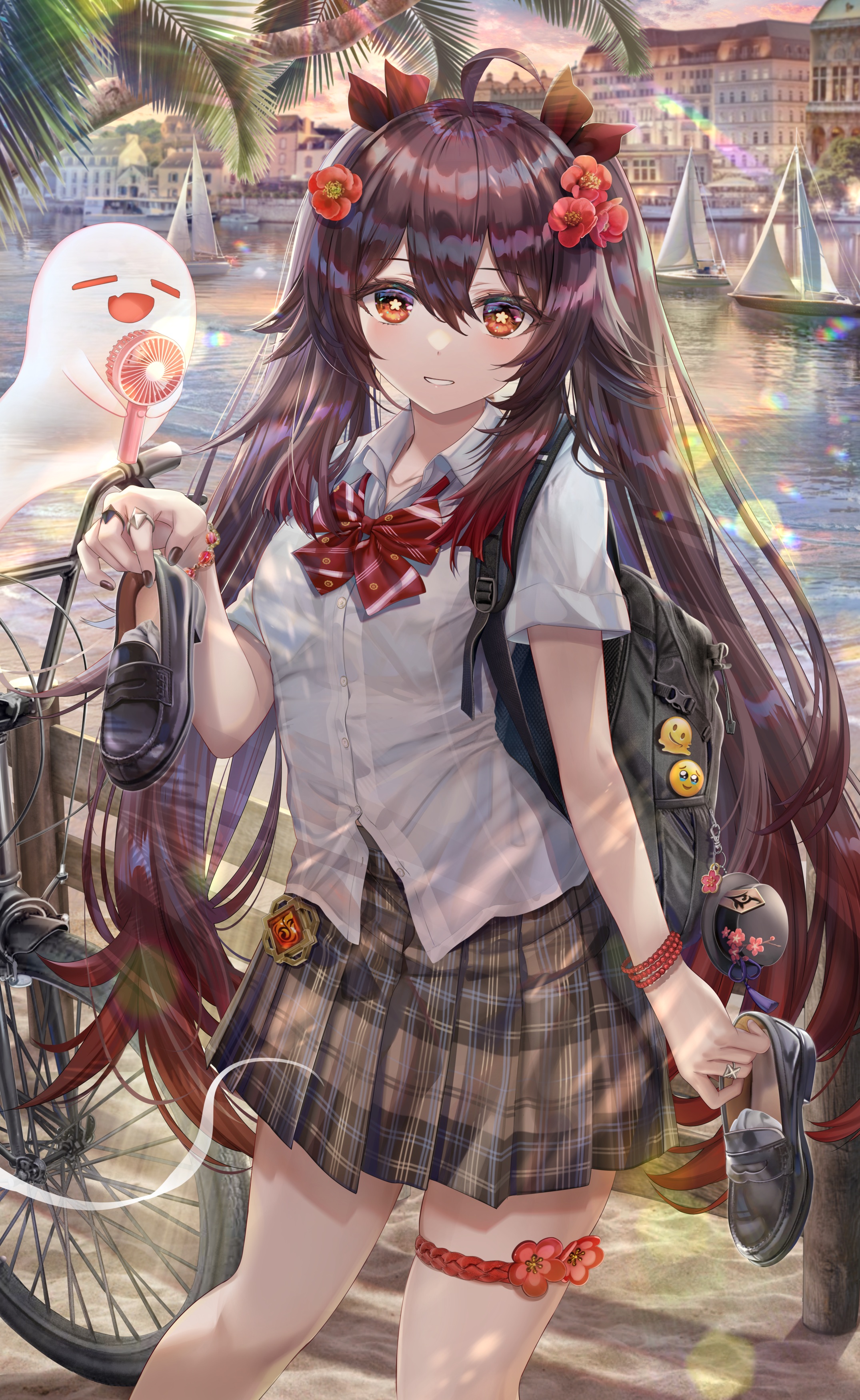 Anime Anime Girls Women Outdoors Urban Flower In Hair Bicycle Shoes Skirt Long Hair Dark Hair Plaid  2150x3500