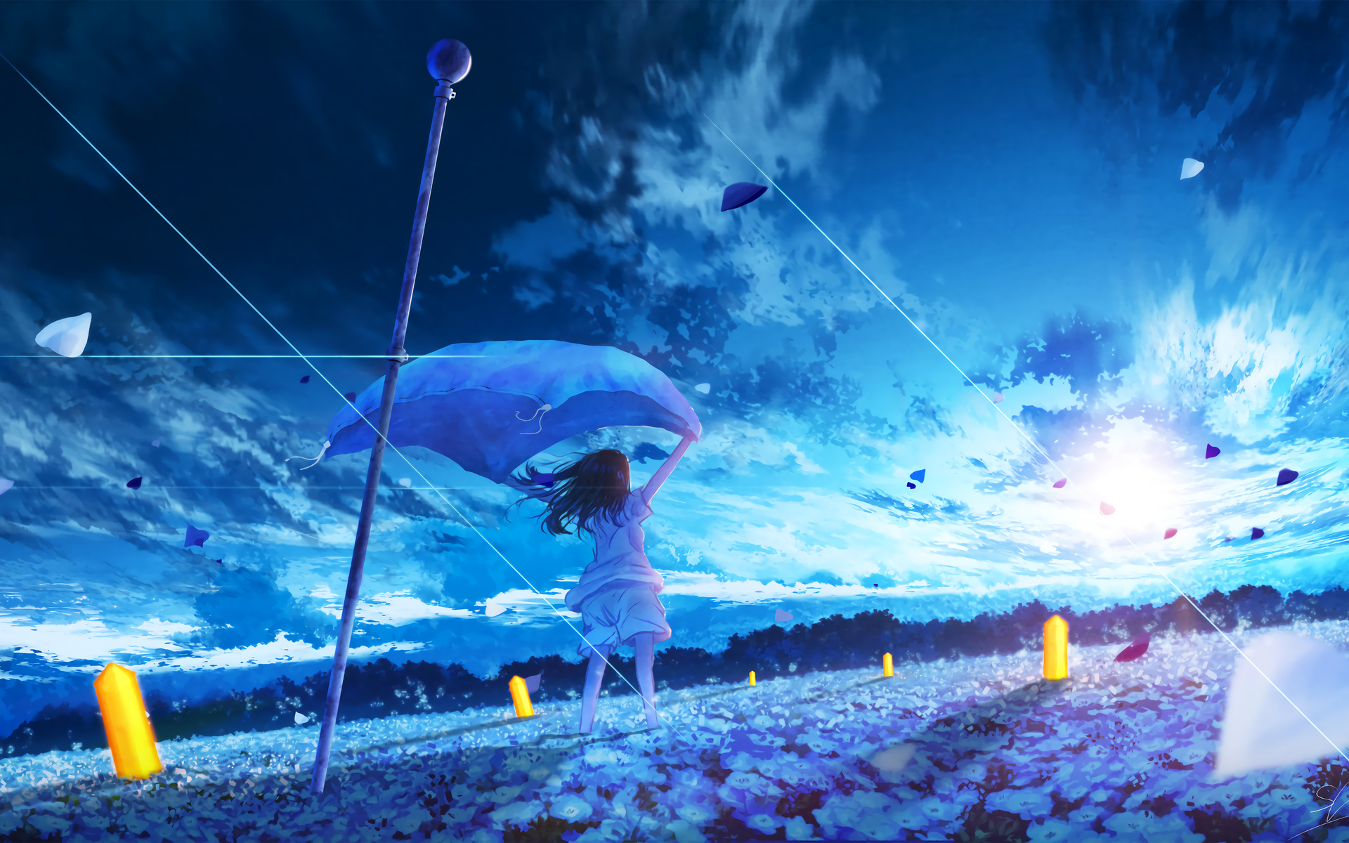 Anime Girls Arms Up Field Flowers Sky Petals Blue Flowers Clouds Windy Sun Sunrise Shorts Solo White 1920x1200