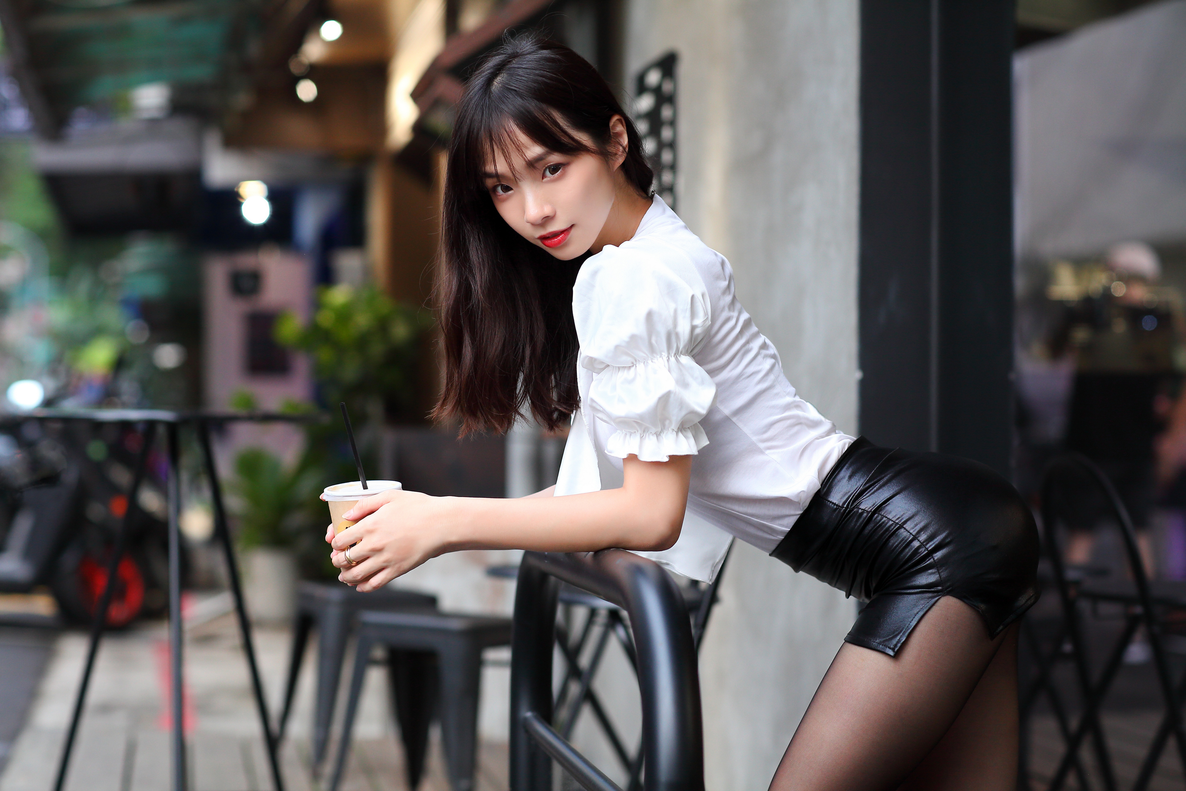 Asian Women Model Long Hair Dark Hair Leaning Skirt 3840x2560