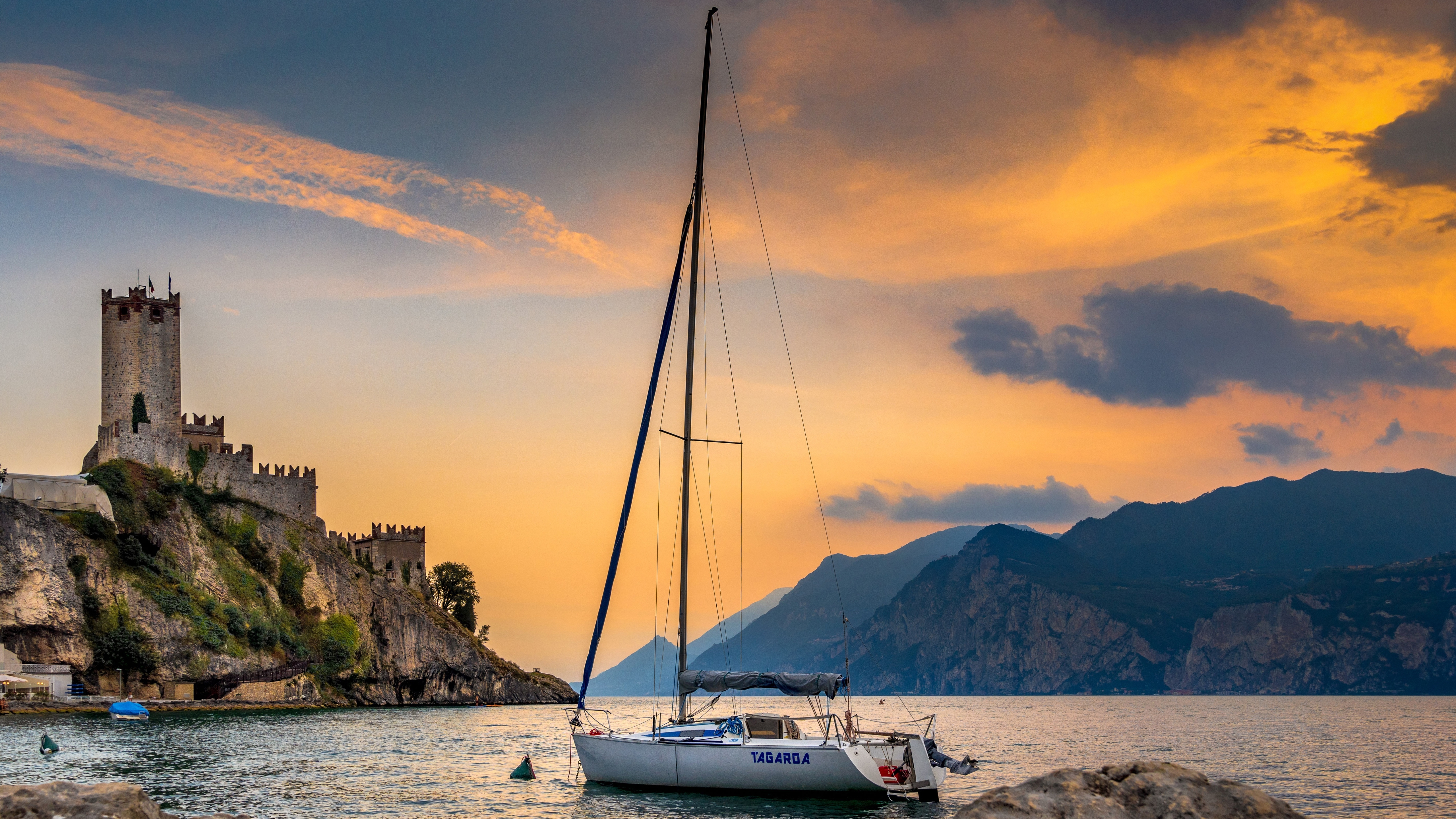 Italy Lake Garda Boat Sunset Castle Clouds Sky Water 5120x2880