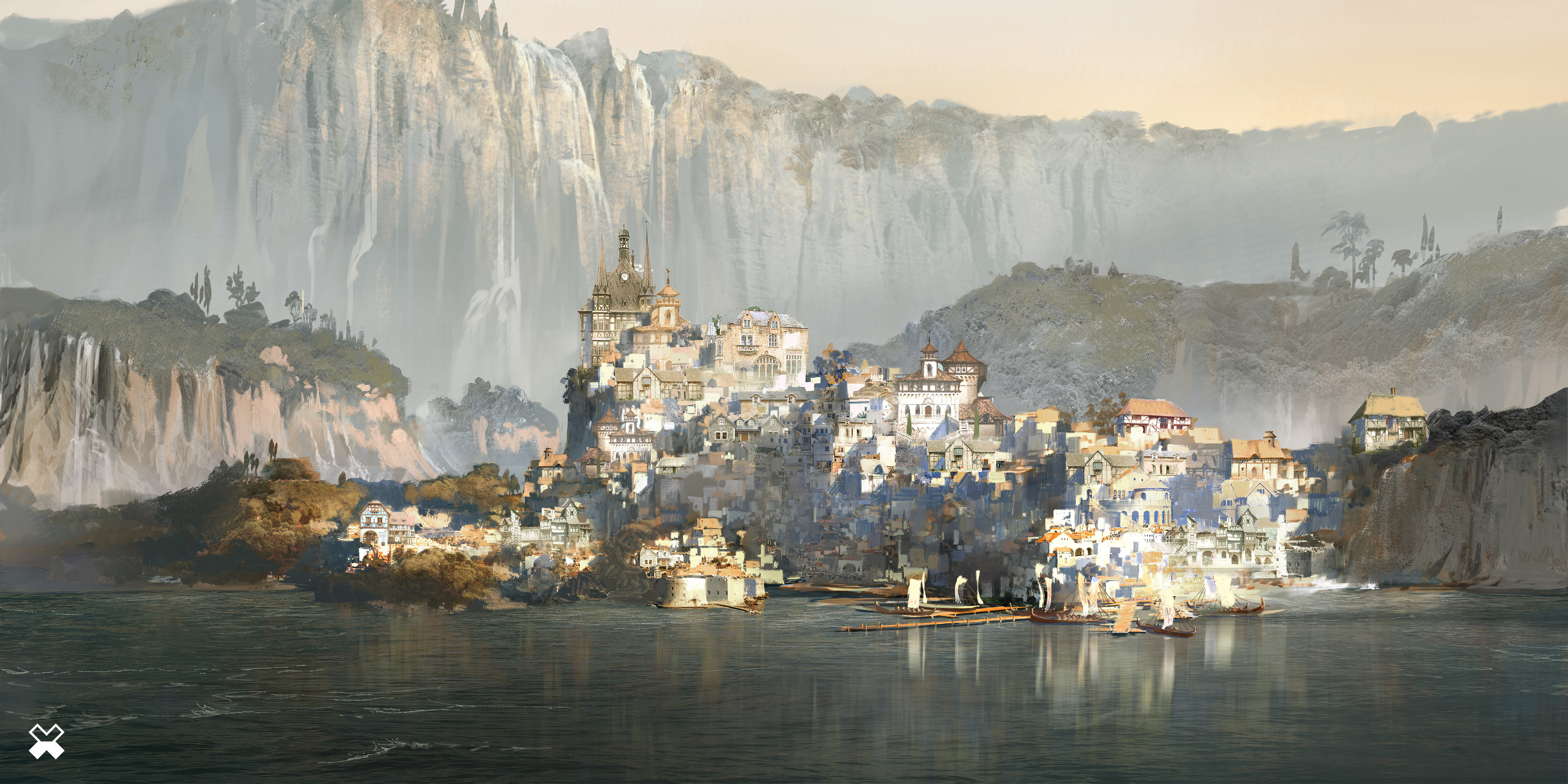 Xision Illustration Mountains City Water Landscape The Elder Scrolls The Elder Scrolls Online Waterf 5000x2500