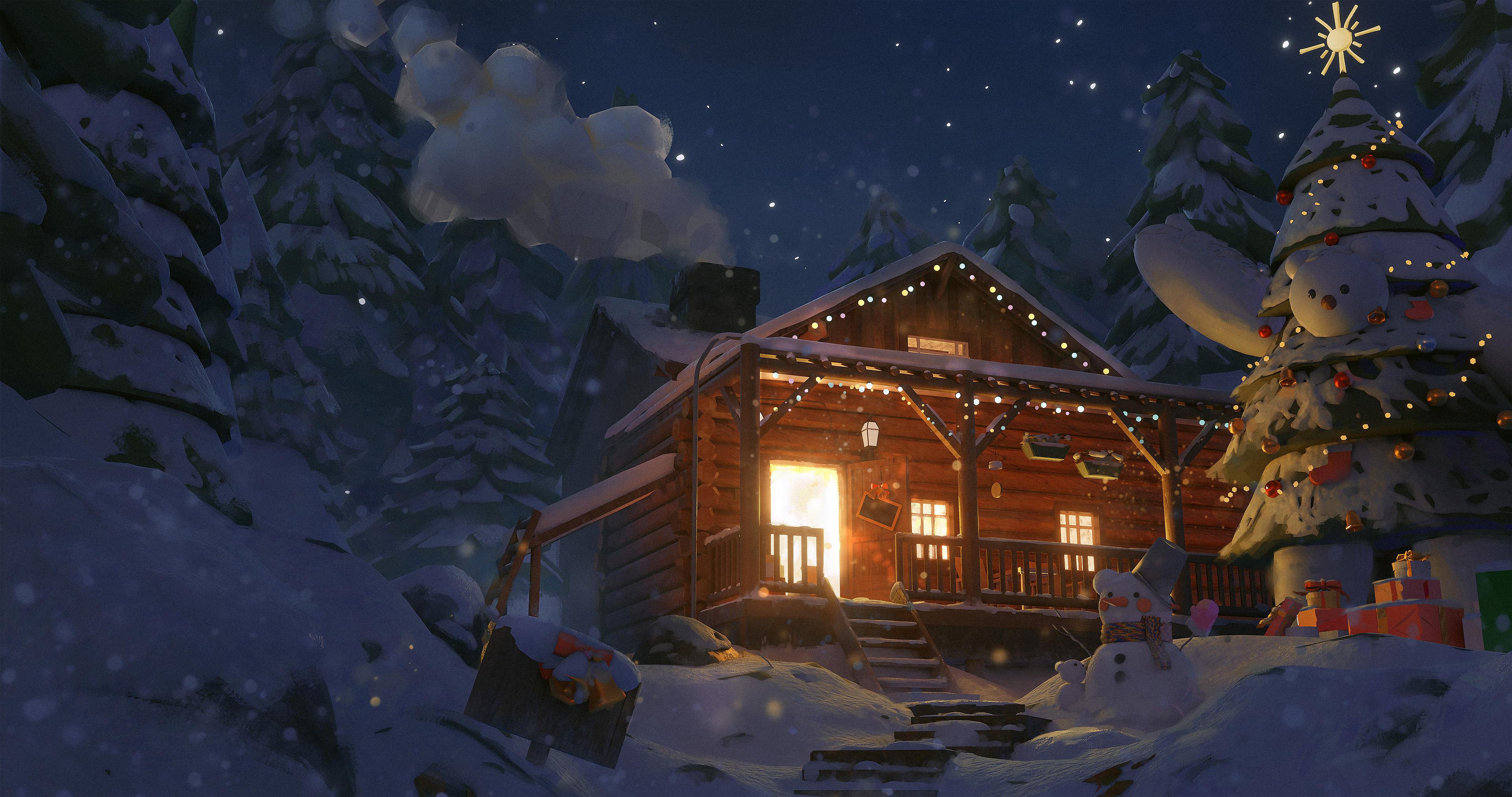 Snowman Christmas Tree Snow Cabin Winter Christmas Trees House Christmas Presents 3840x2024
