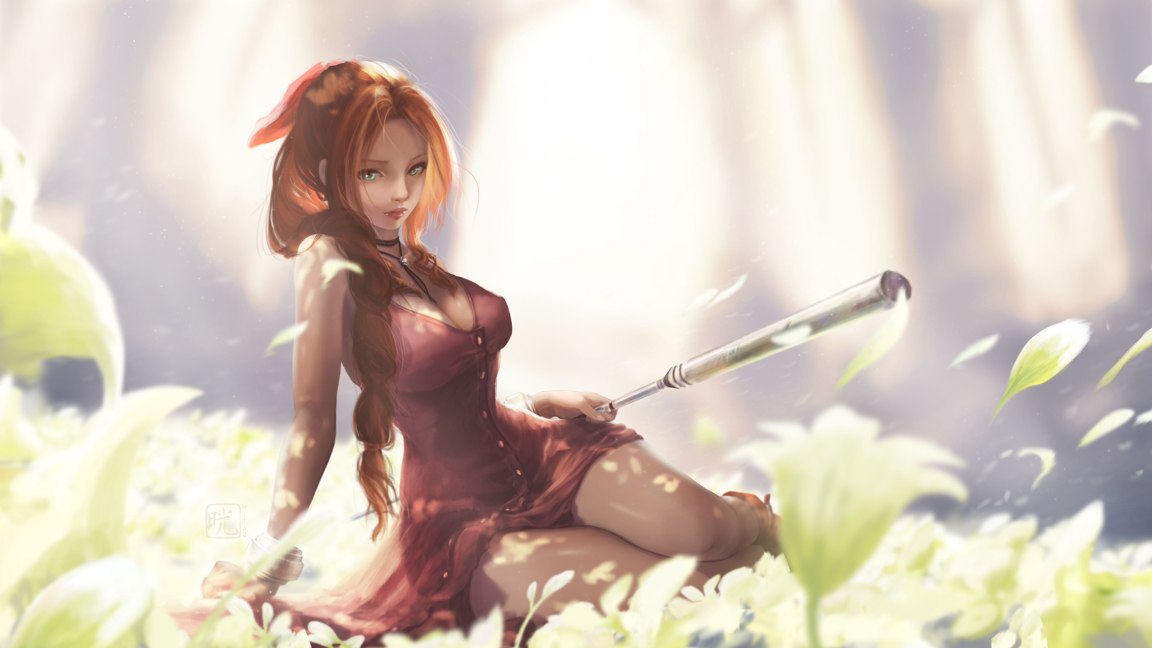 Mitsu Aerith Gainsborough Flowers Long Hair Brunette Red Dress Petals Dress Ponytail Looking At View 3840x2160