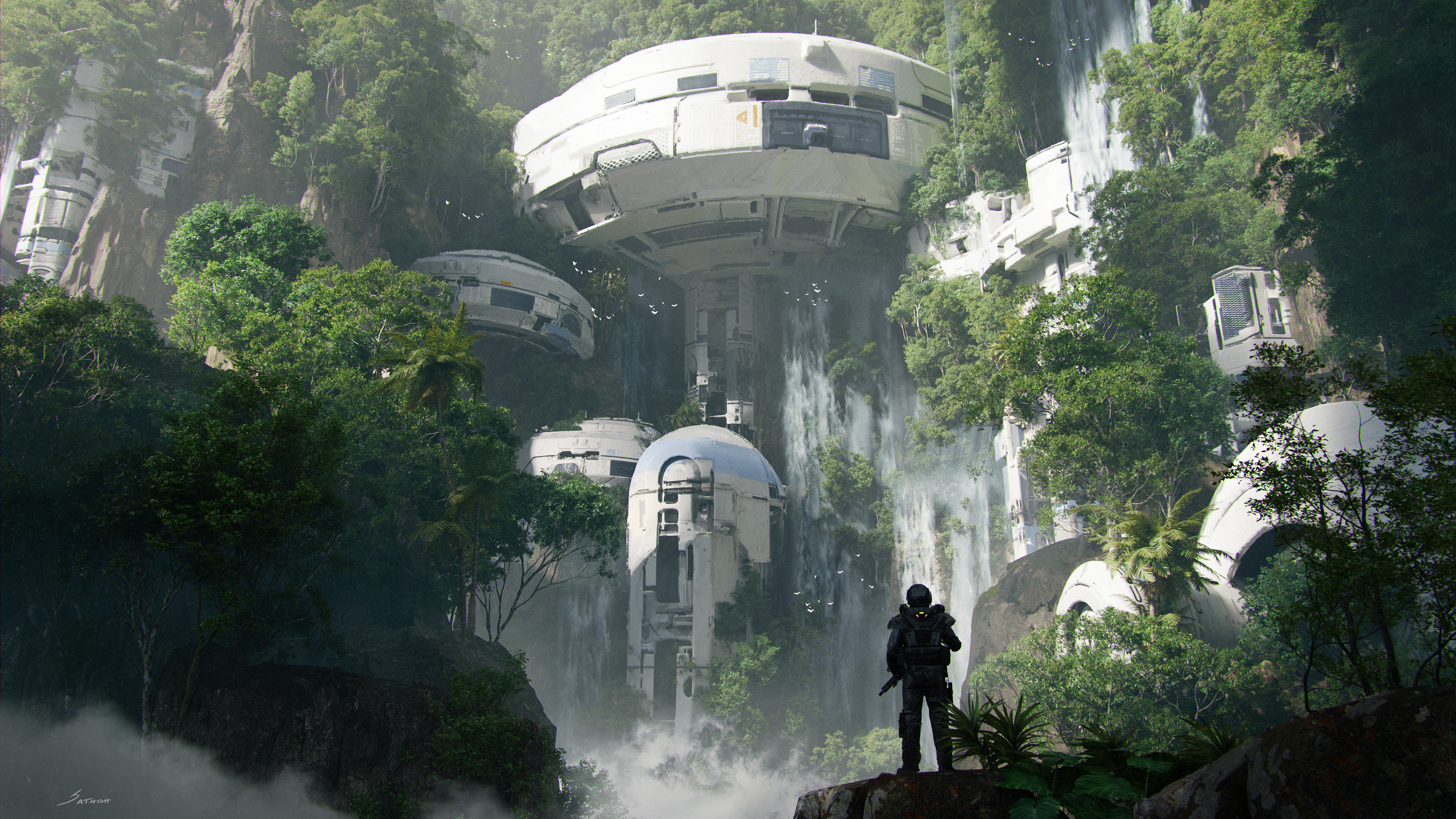 Fantasy Art Waterfall Forest Trees Building Futuristic Science Fiction Water 3840x2160