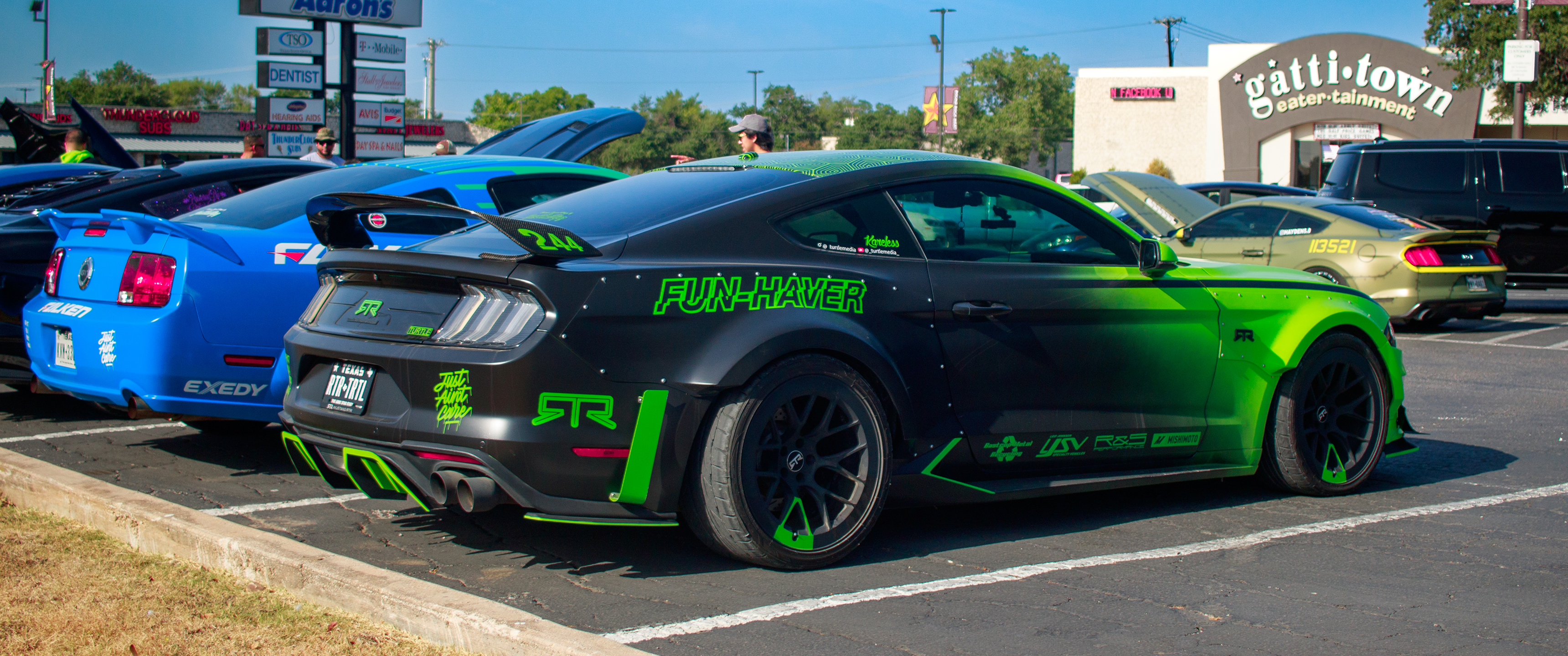 Car Ford Mustang Widebody Ford Mustang RTR Sunlight Rear View Gradient Vehicle Trees 3440x1440