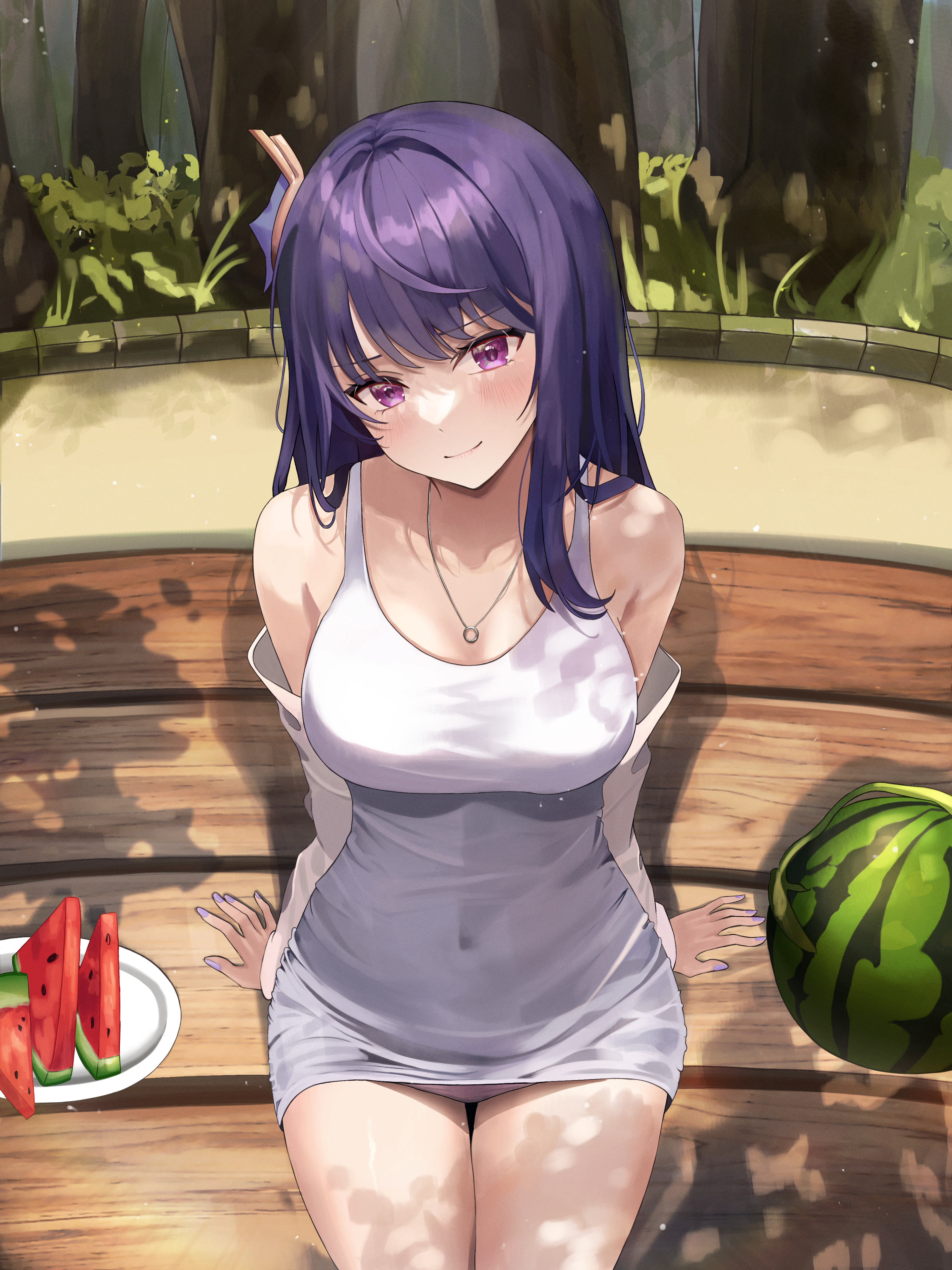 Raiden Shogun Genshin Impact Genshin Impact Anime Girls Watermelons Purple Hair Purple Eyes 3000x4000