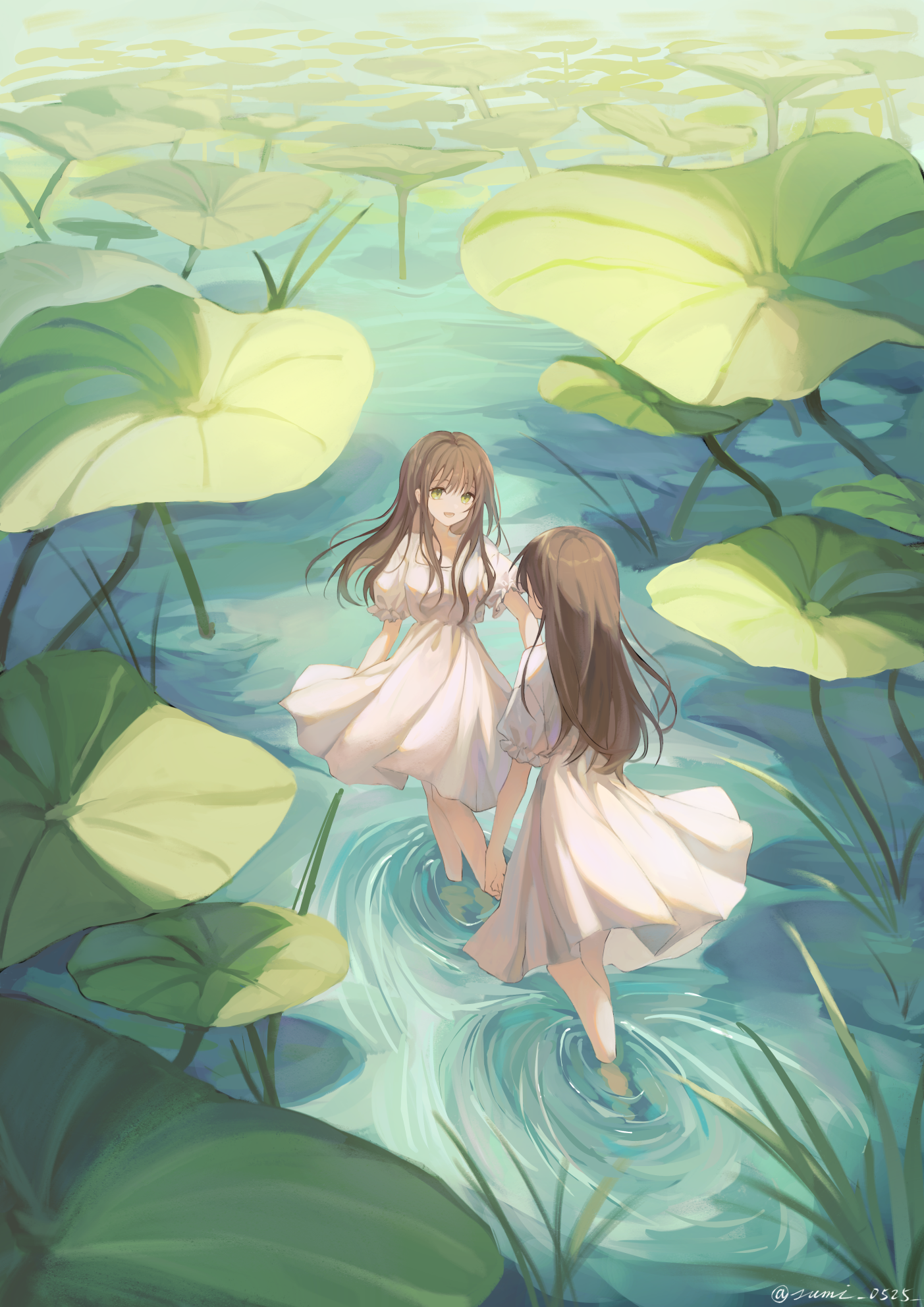 Anime Anime Girls Original Characters Twins Two Women Artwork Digital Art Fan Art Lily Pads Water 1403x1984