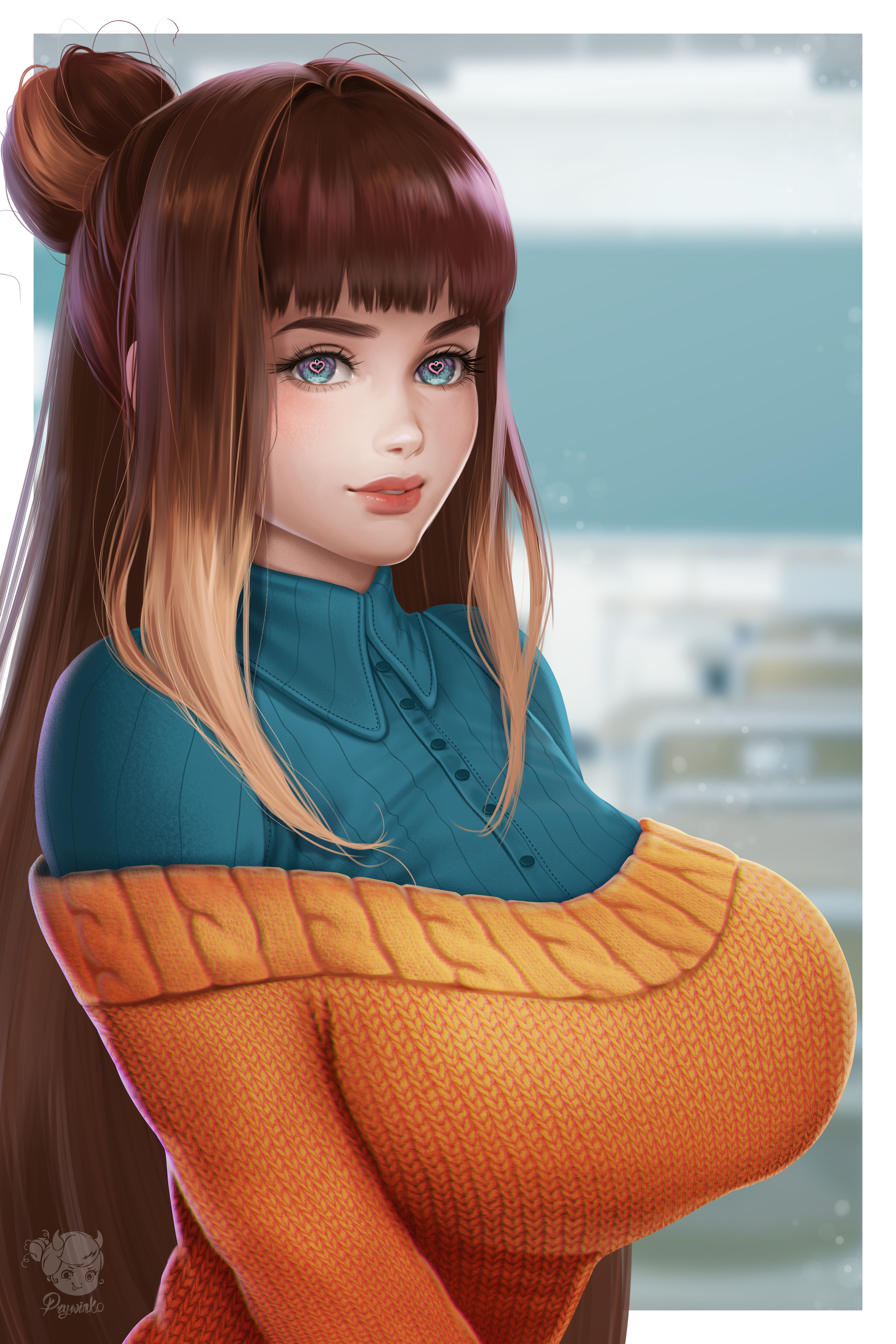 Original Characters Prywinko Artwork Drawing Shirt Sweater Heart Eyes Long Hair Looking At Viewer Ha 4000x6000