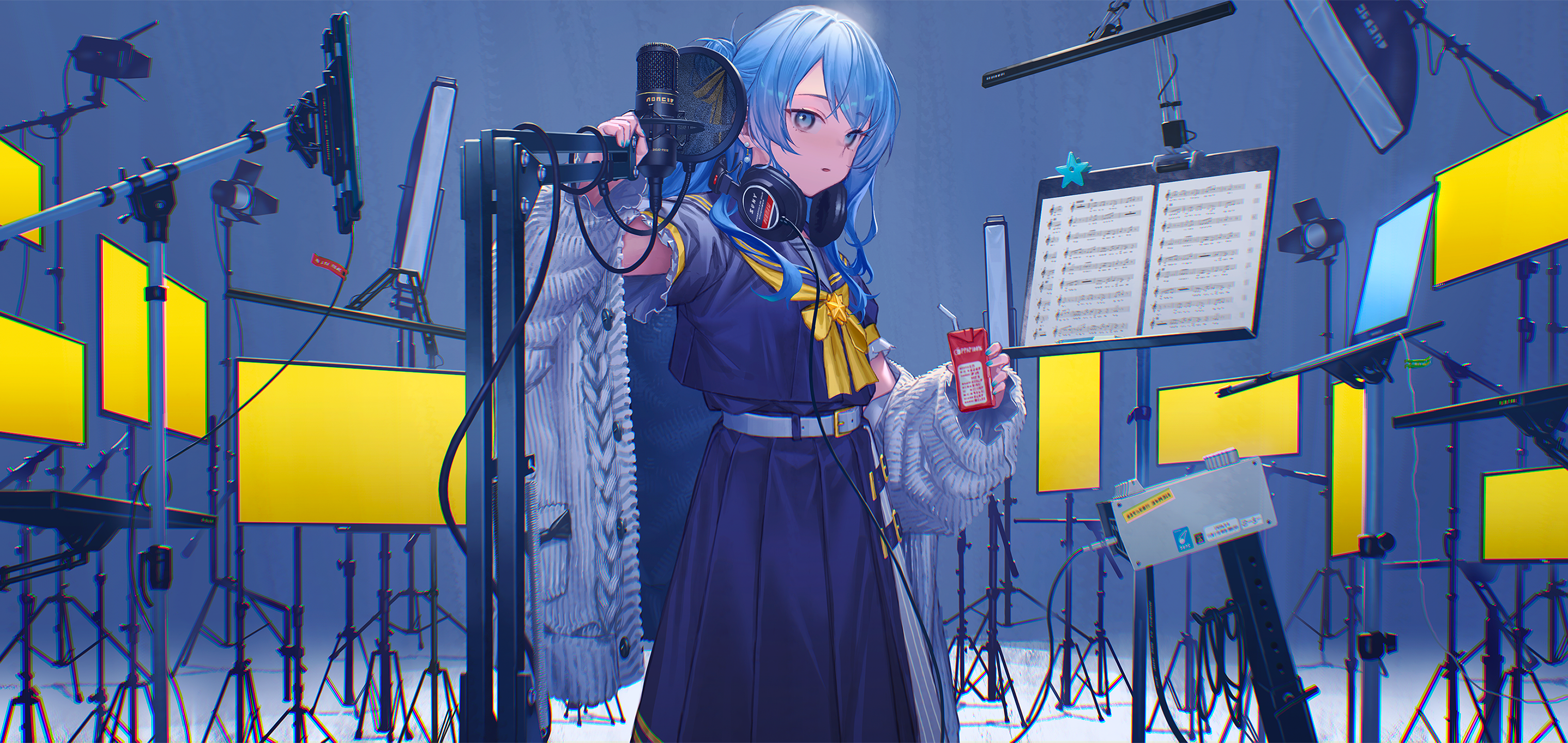 Anime Anime Girls Hololive Virtual Youtuber Hoshimachi Suisei Blue Hair Blue Eyes Headphones 3040x1440