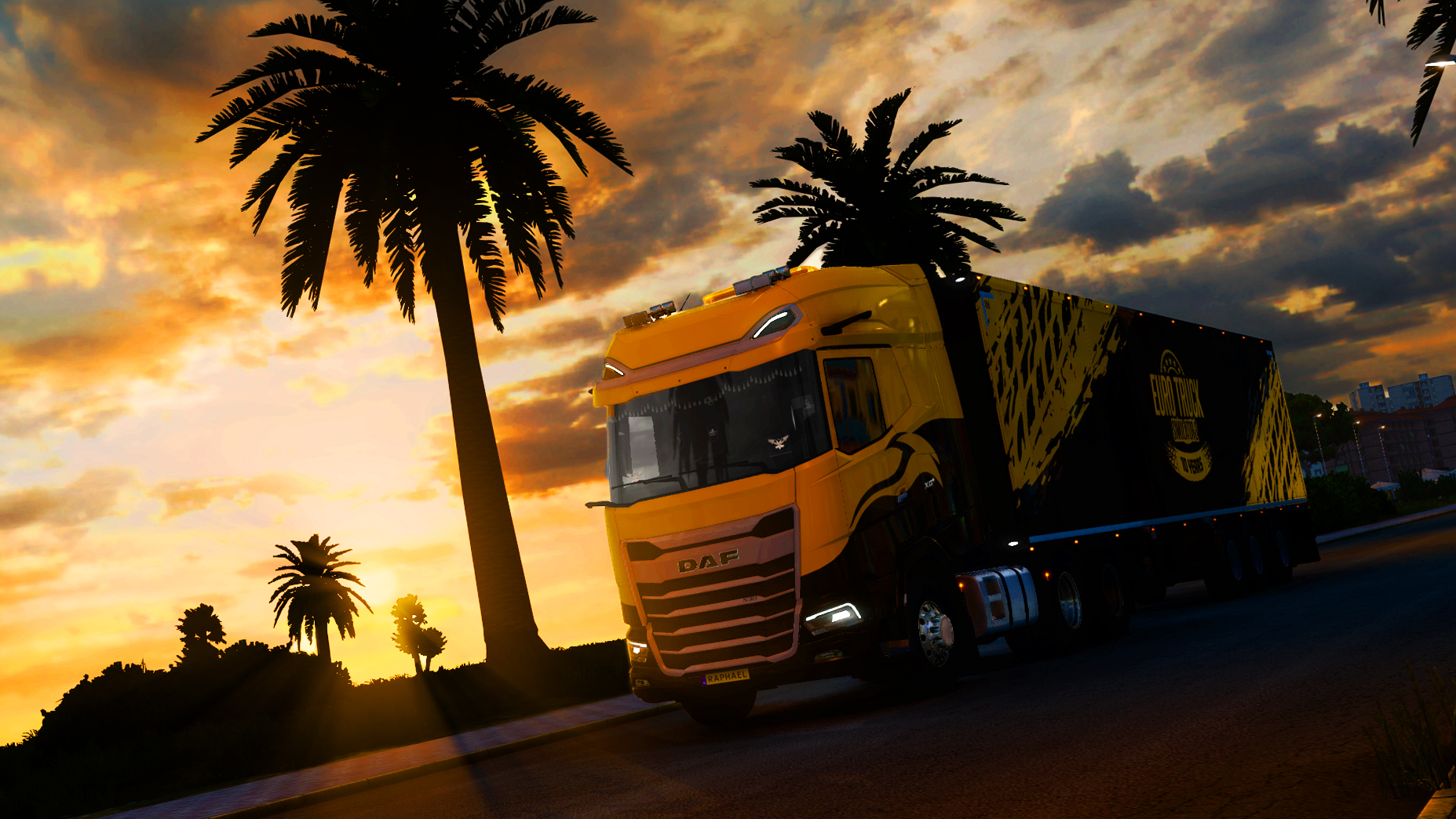 Euro Truck Simulator 2 DAF Truck Sunset Summer VTC FBTC Sunset Glow Clouds Sky Vehicle Front Angle V 1855x1044