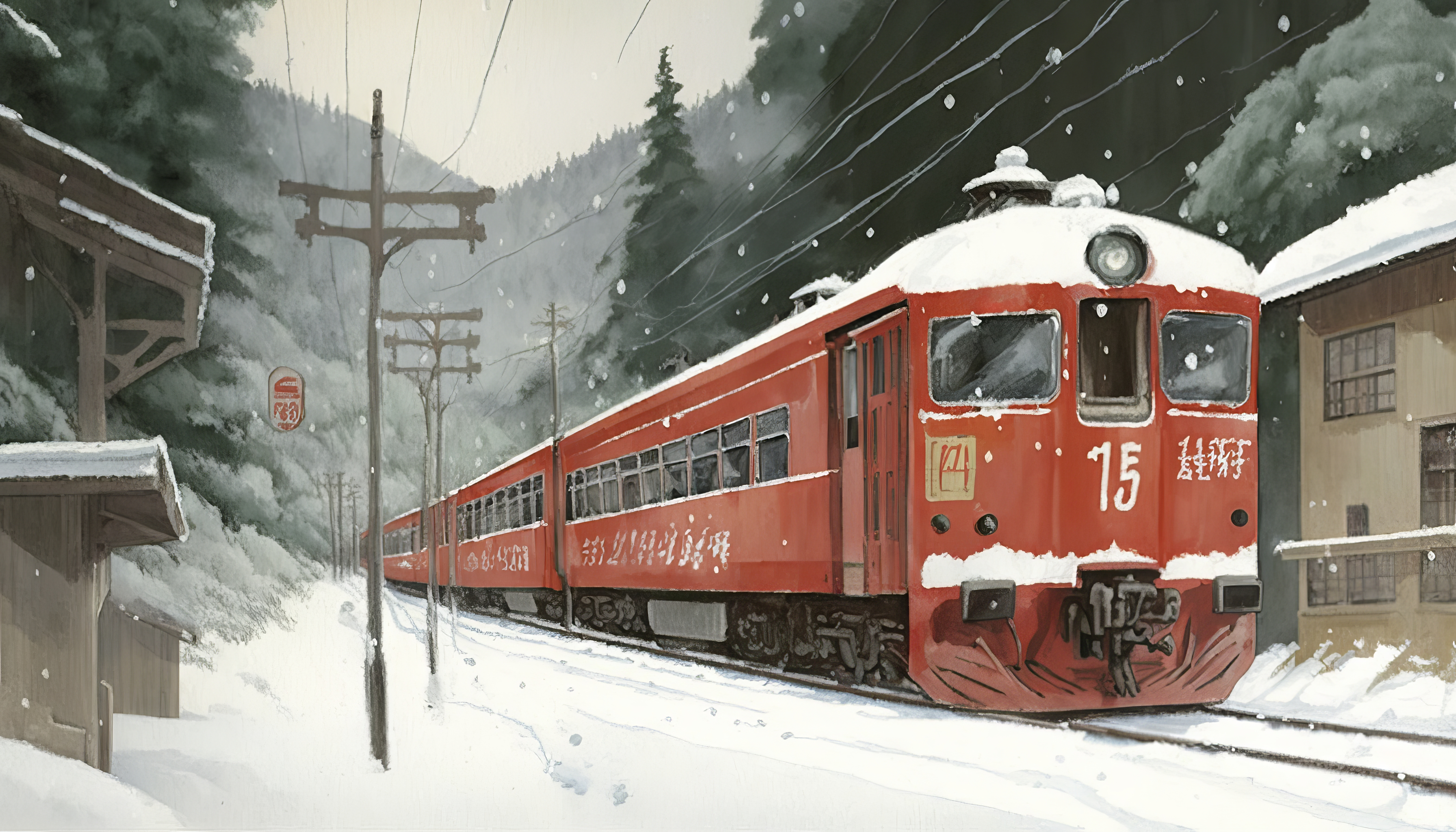 Ai Art Illustration Train Japan Winter Snow Digital Art 4579x2616