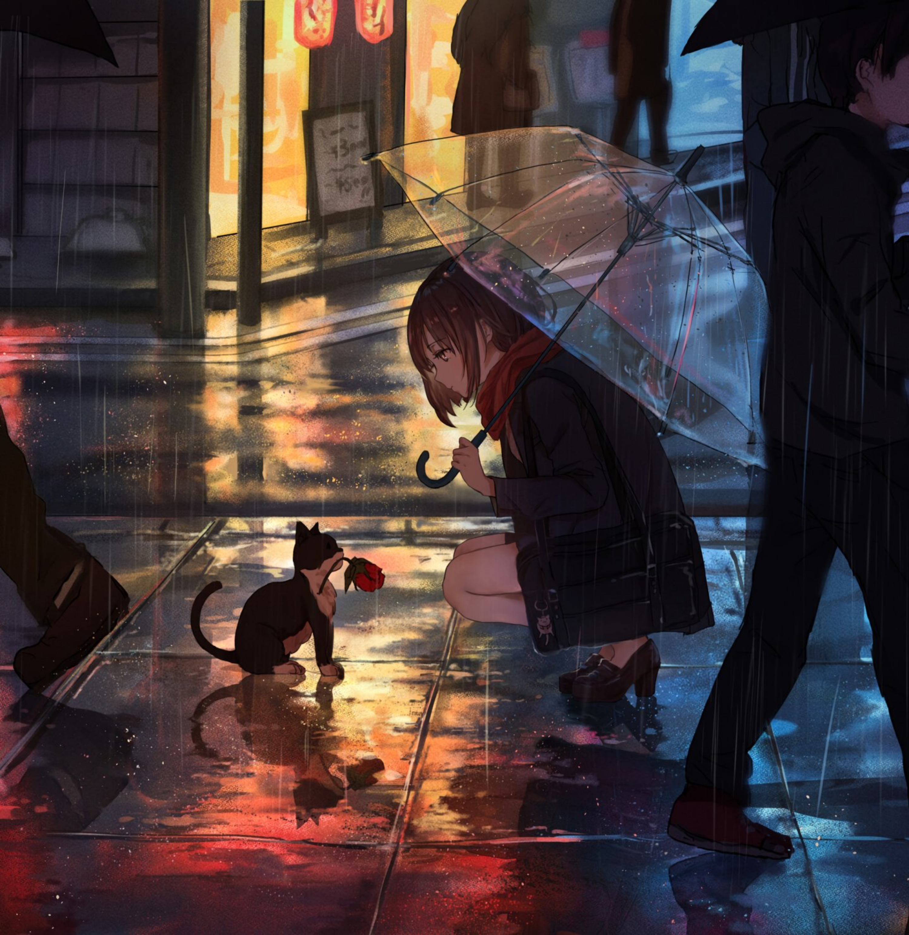 Anime Anime Girls Rain Umbrella Cats Short Hair Brunette Rose Reflection Animals City Lights Scarf S 3000x3086