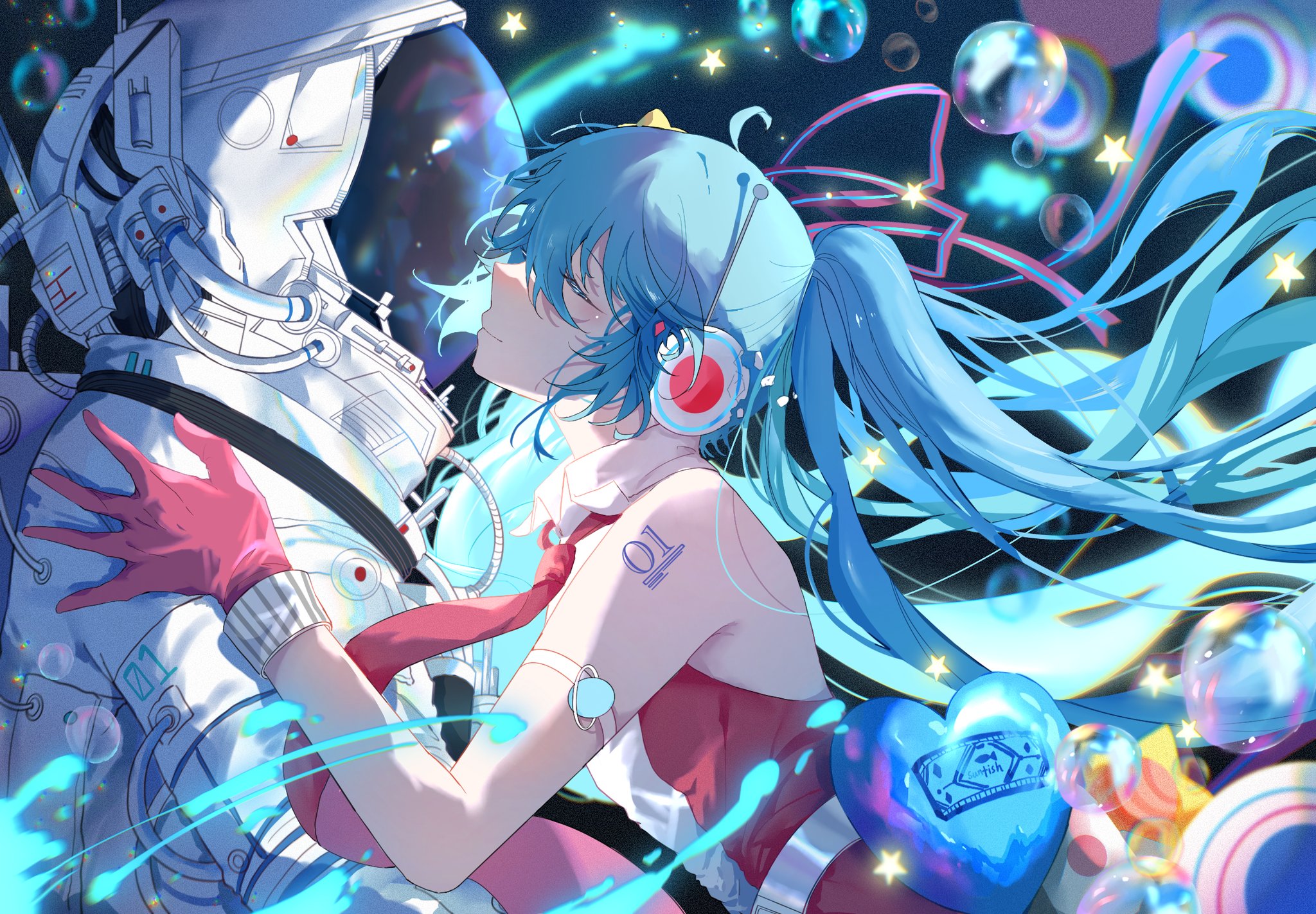 Hatsune Miku Vocaloid Astronaut Kissing Anime Girls Long Hair Twintails Gloves Spacesuit Closed Eyes 2048x1423