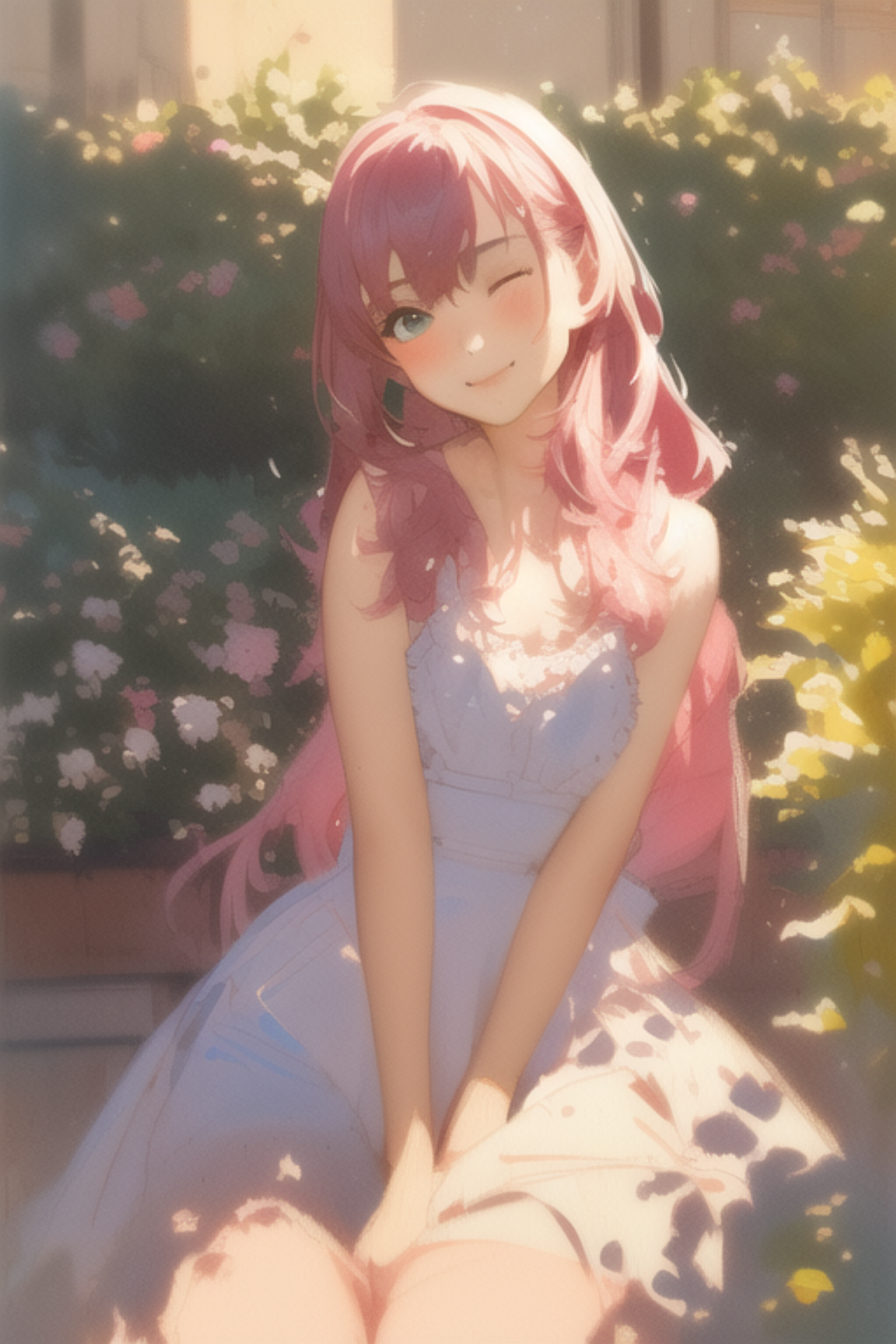 Pink Hair Wink White Dress Smile Impressionism Sunny Novel Ai Vertical One Eye Closed Flowers 1280x1920