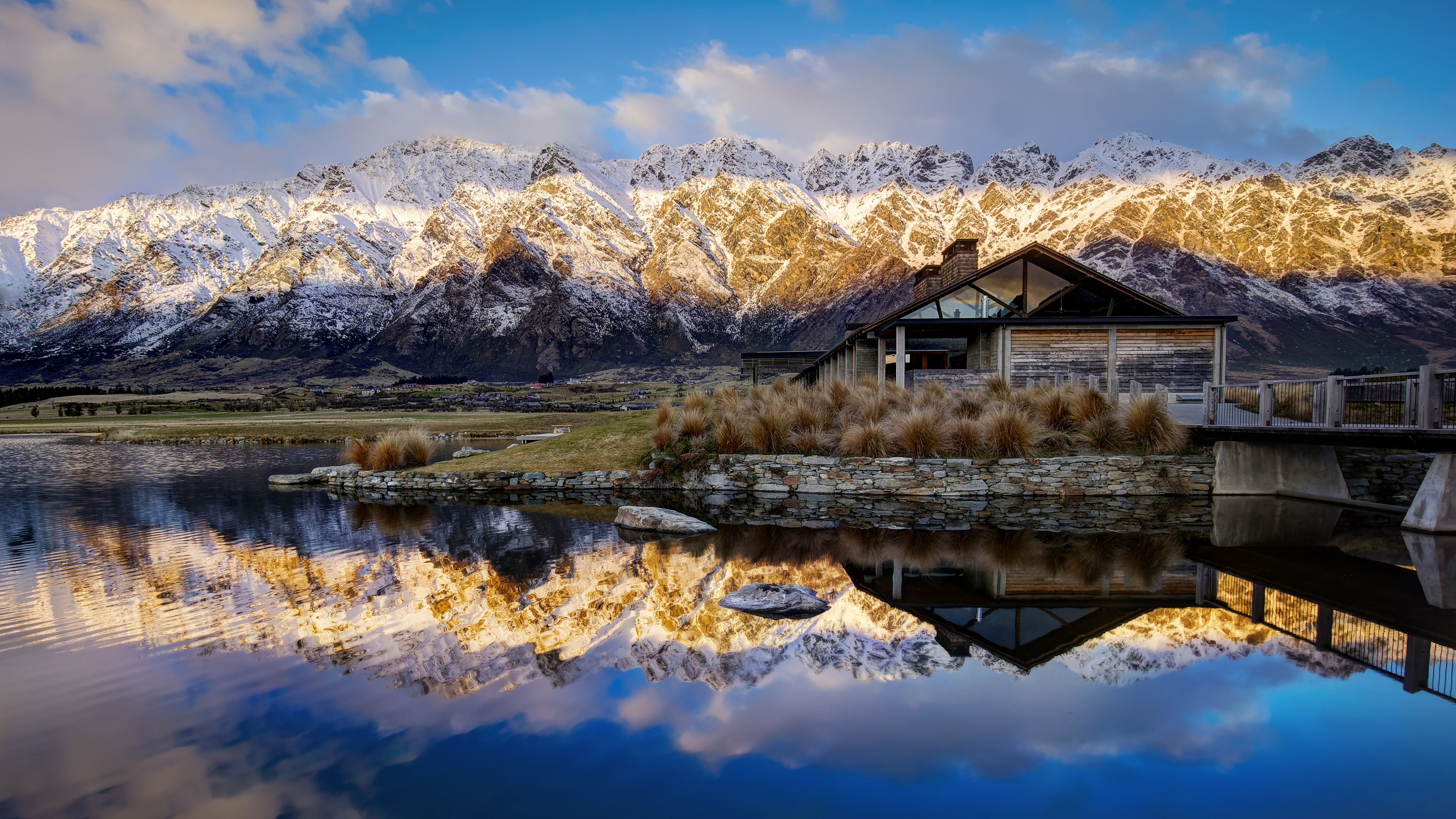 Landscape 4K Queenstown New Zealand Nature Mountains Water Reflection House Snow 3840x2160