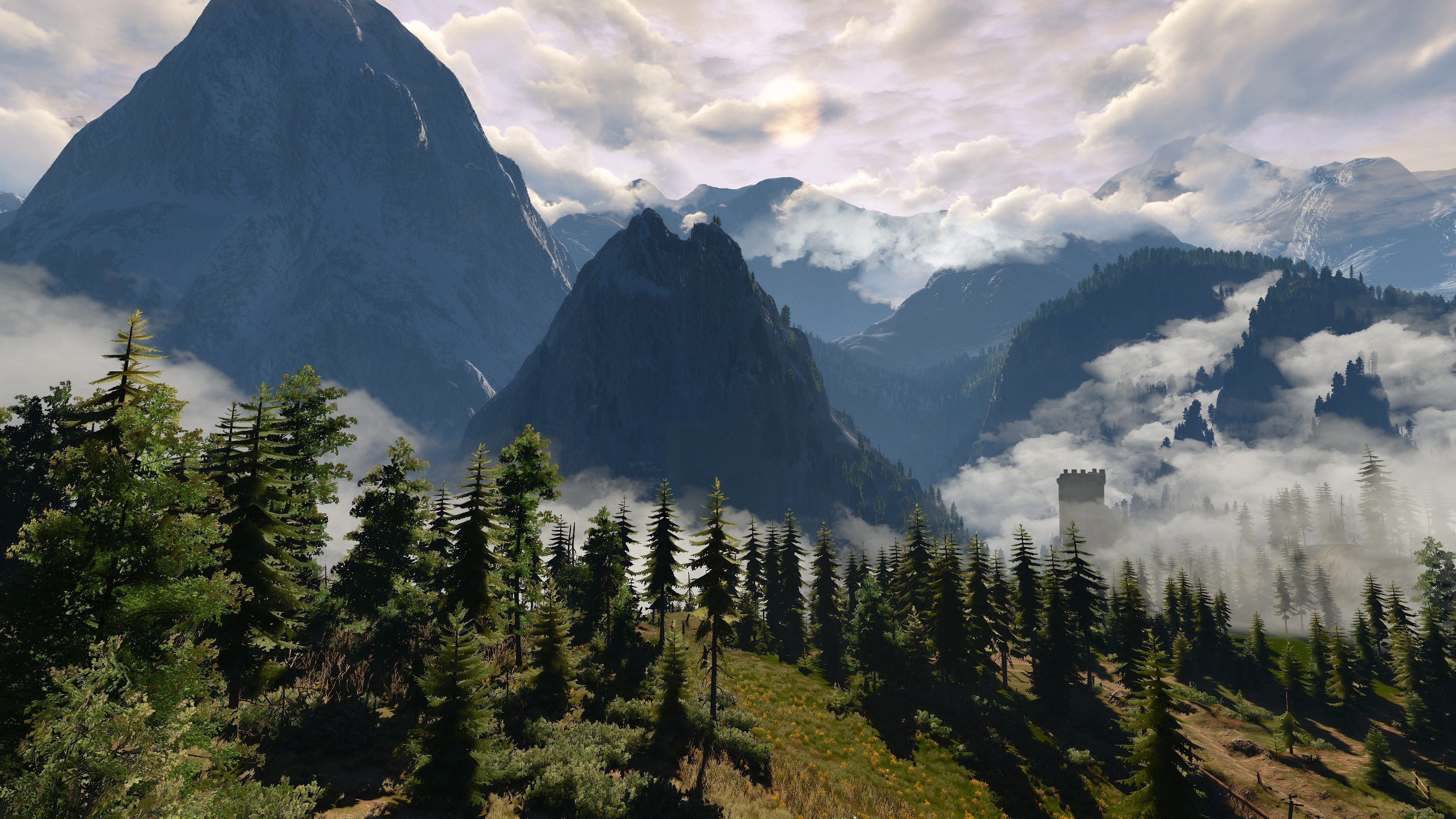 The Witcher 3 Wild Hunt PC Gaming Screen Shot Kaer Morhen Mountains Clouds Trees 3840x2160