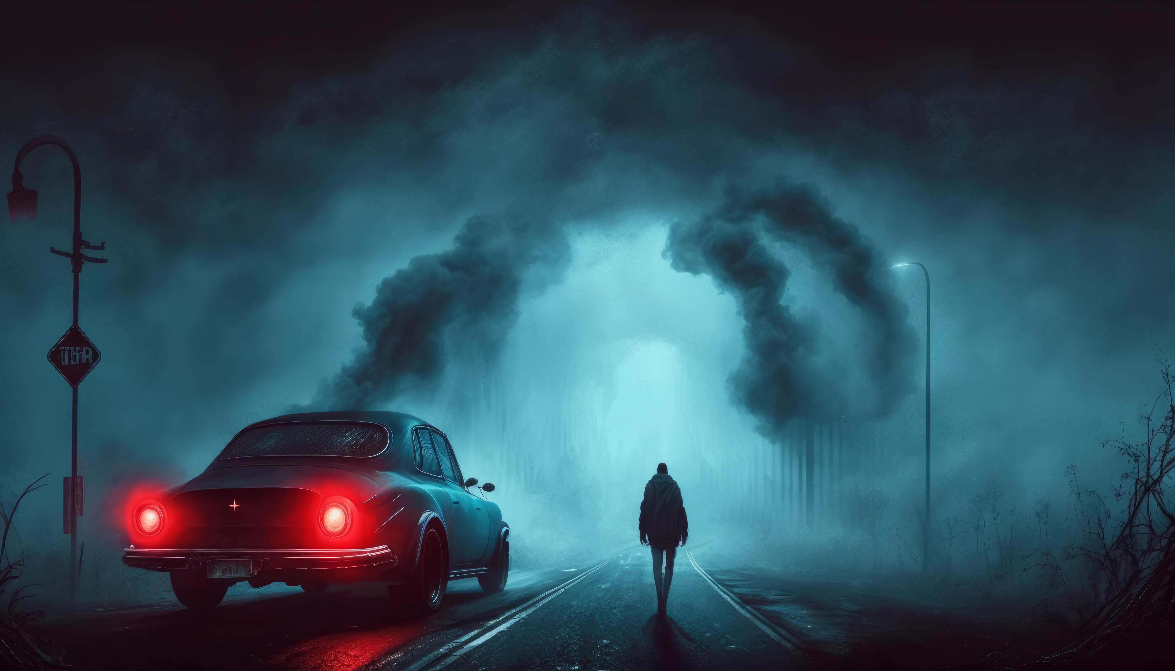 Ai Art Illustration Mist H P Lovecraft Horror Car Taillights Road 4579x2616