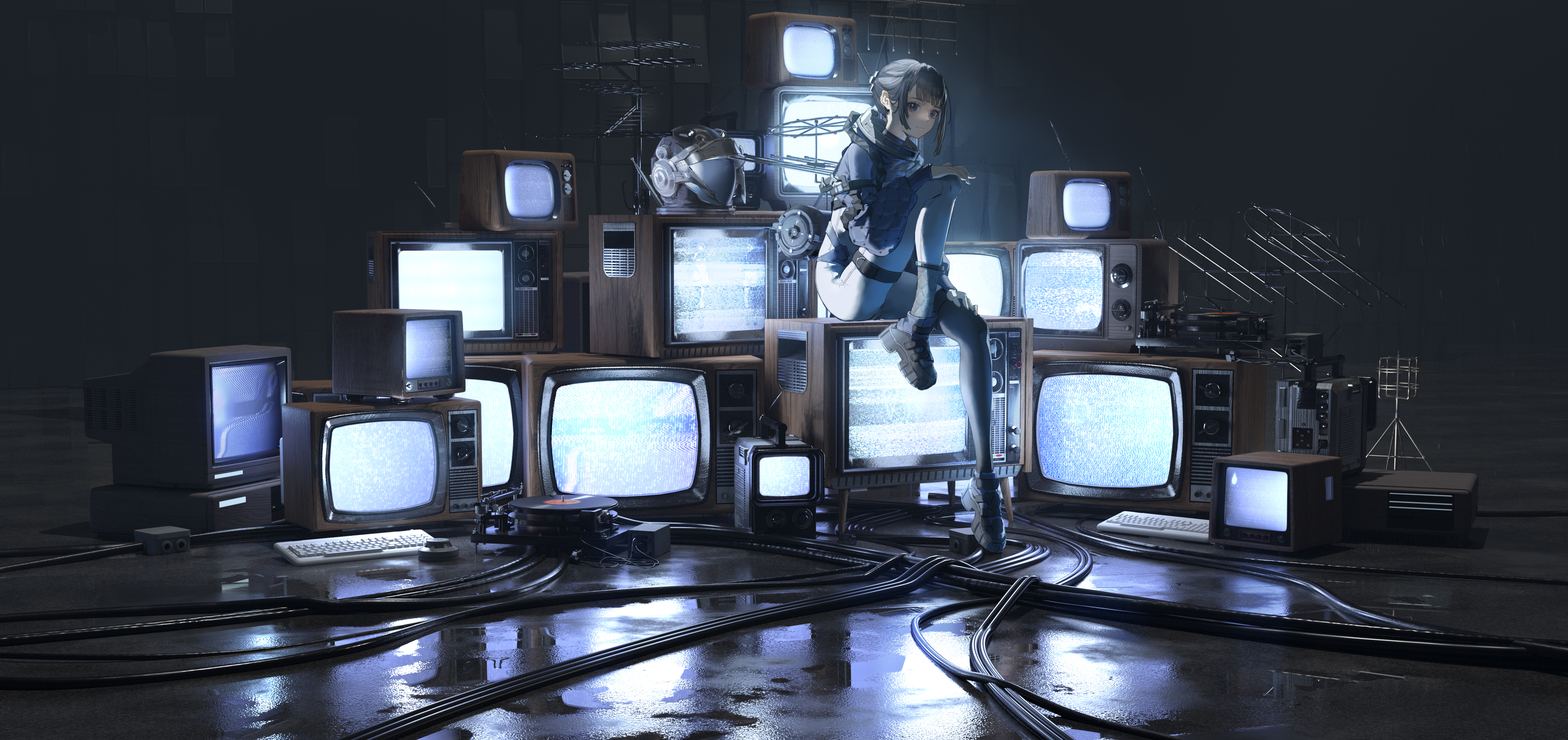 Anime Anime Girls Abstract Digital Digital Art Television Sets TV Reflection Lights Sitting 5834x2756
