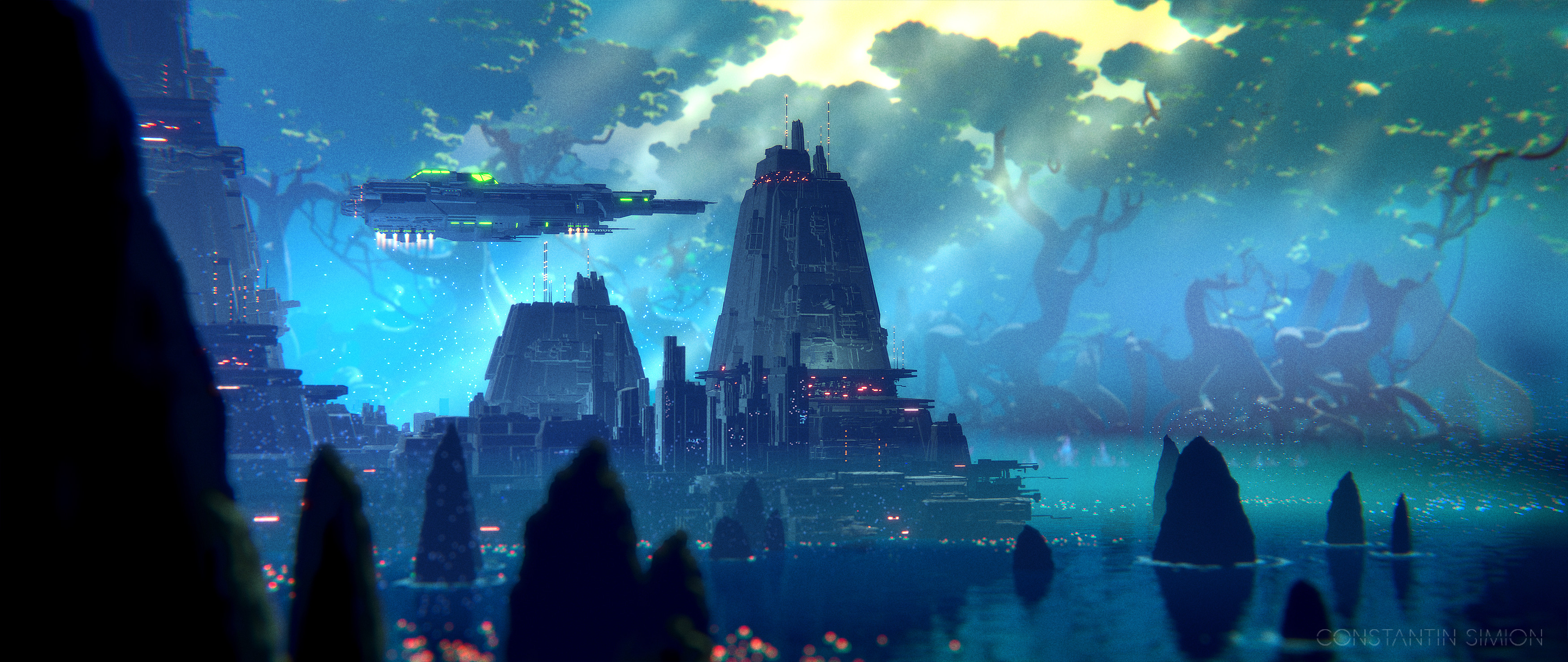 Cyberpunk Ultrawide Futuristic Future Forest City Spaceship Technology Science Fiction Artwork Digit 3500x1477