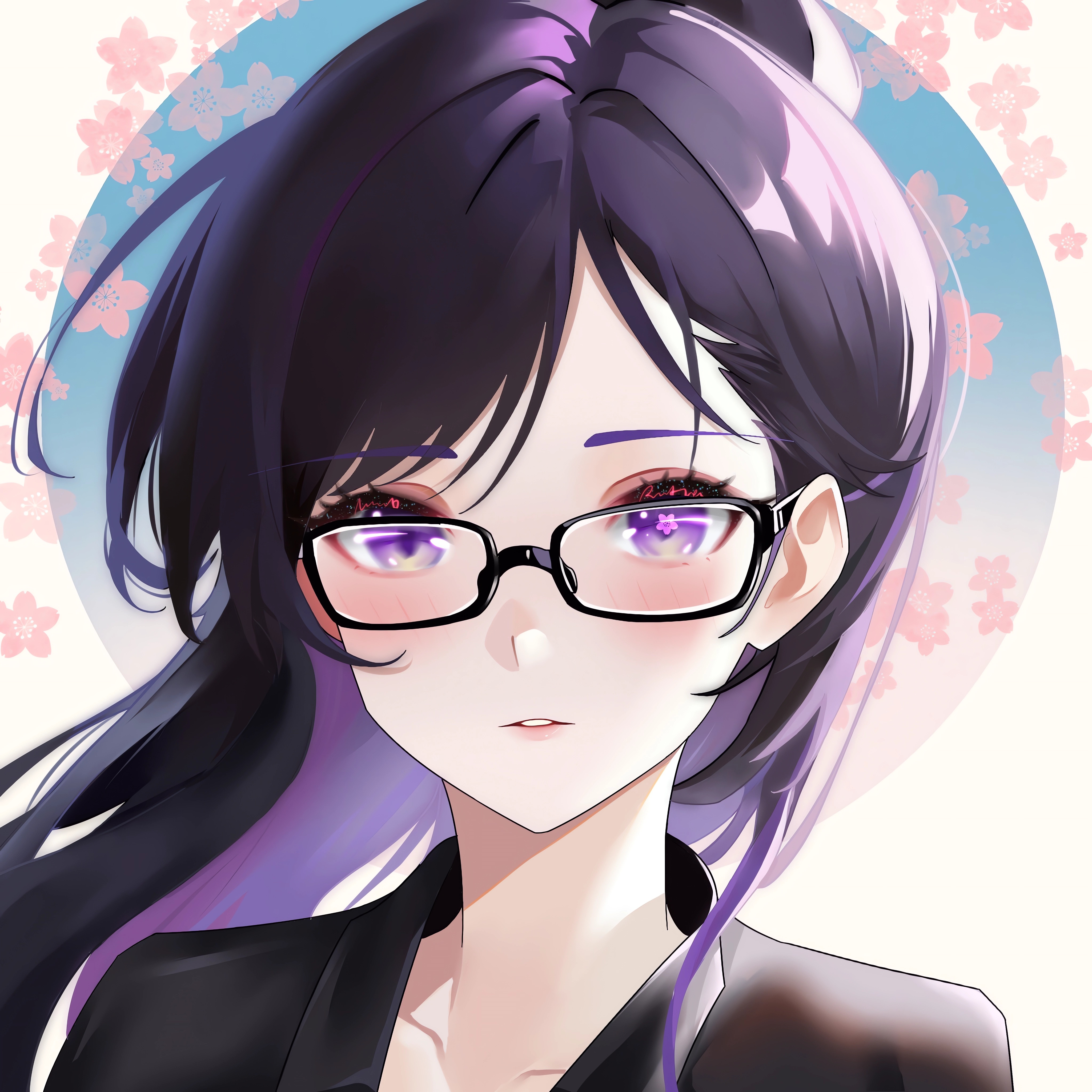 Anime Anime Girls Nerds Looking At Viewer Glasses Long Hair Purple Hair Purple Eyes Blushing Flowers 4096x4096