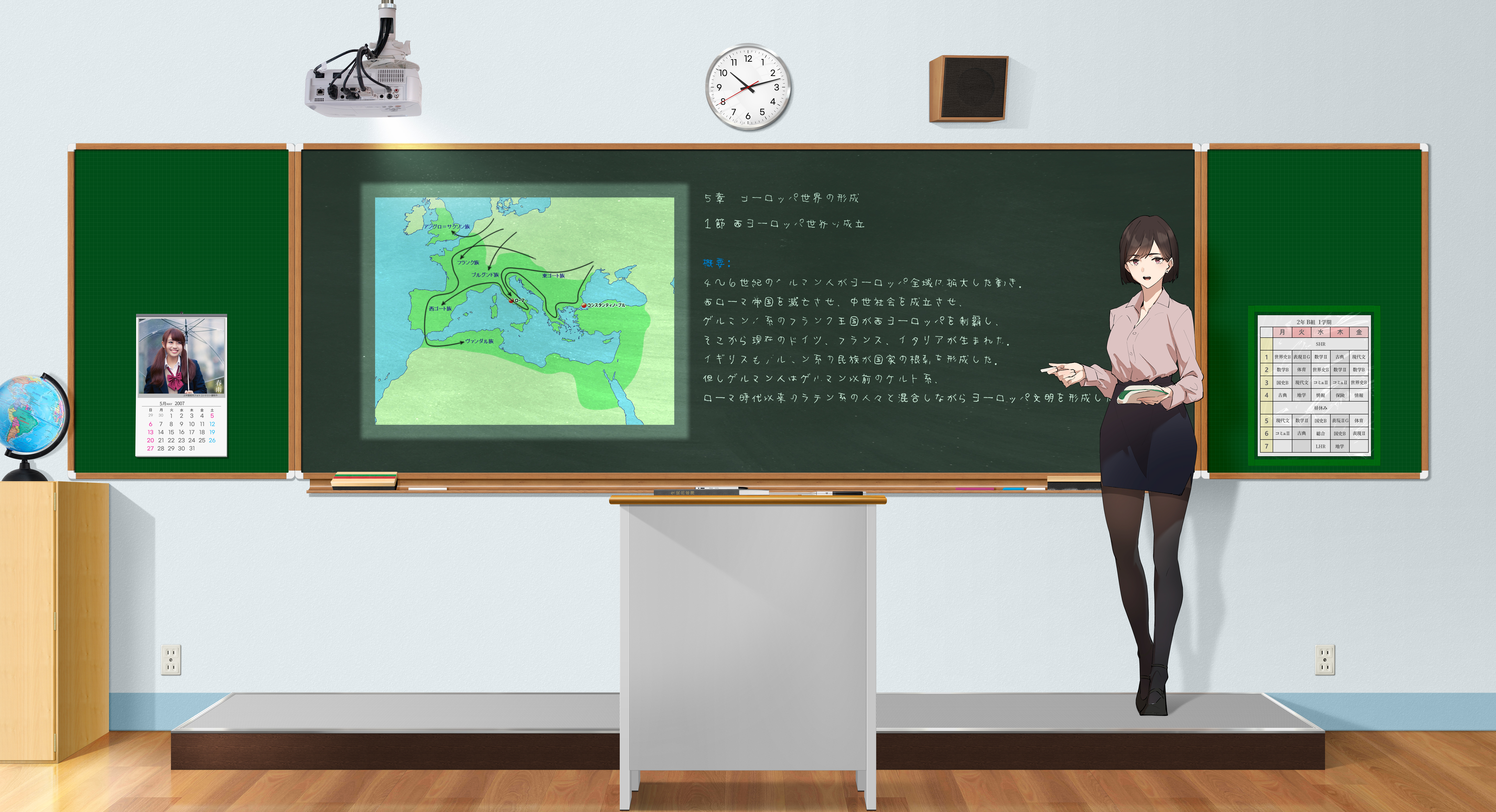 Classroom World History Teachers Anime Girls Looking At Viewer Standing Chalkboard Short Hair Clocks 7000x3800