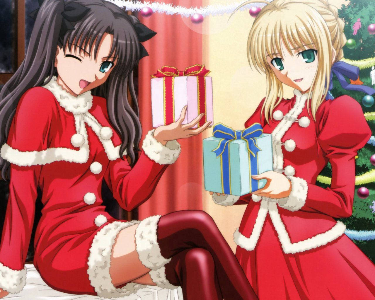 Anime Girls Anime Christmas Clothes Indoors Christmas Tree Christmas Presents Fate Series Legs Cross 1280x1024