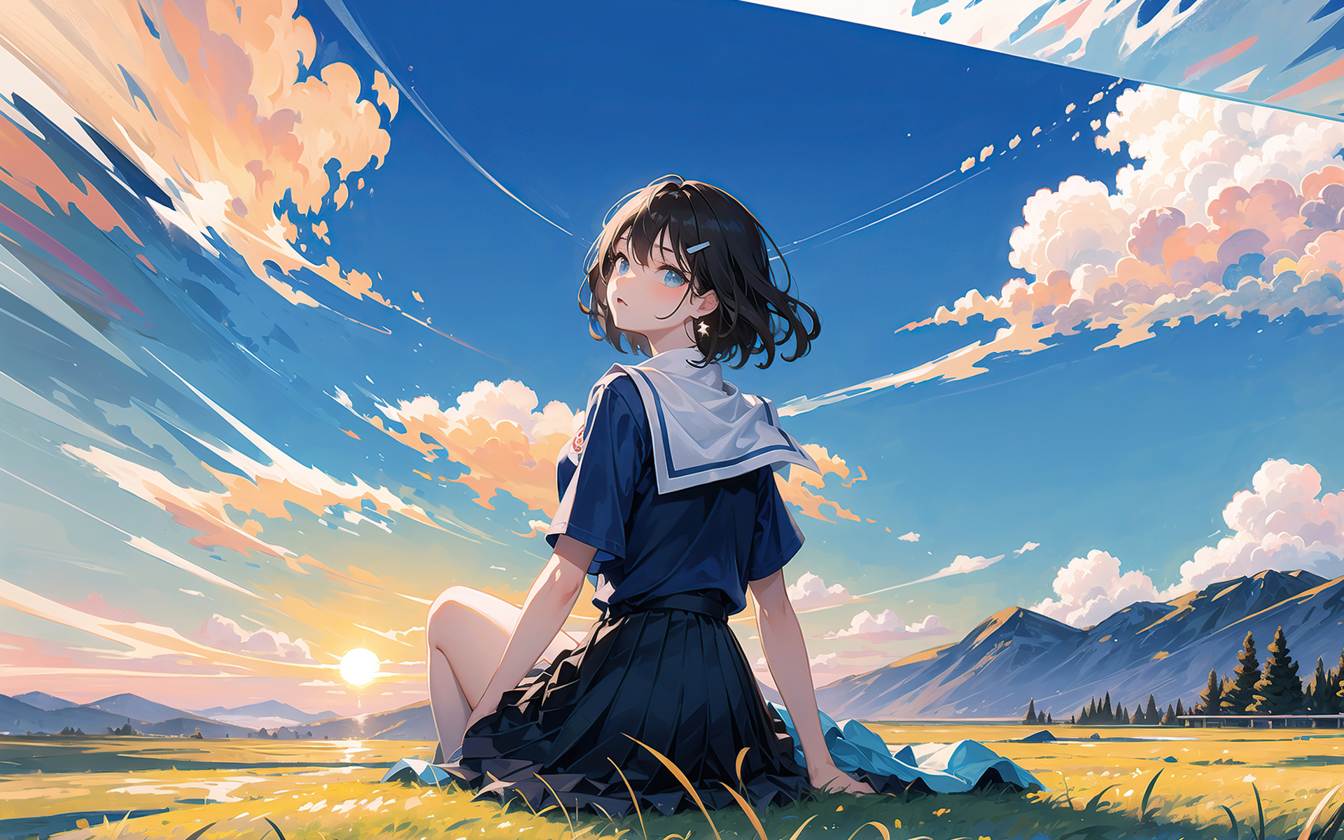 Sunset Anime Ai Art Digital Art Clouds Schoolgirl School Uniform Anime Girls Sky Sun Looking Back Su 1920x1200