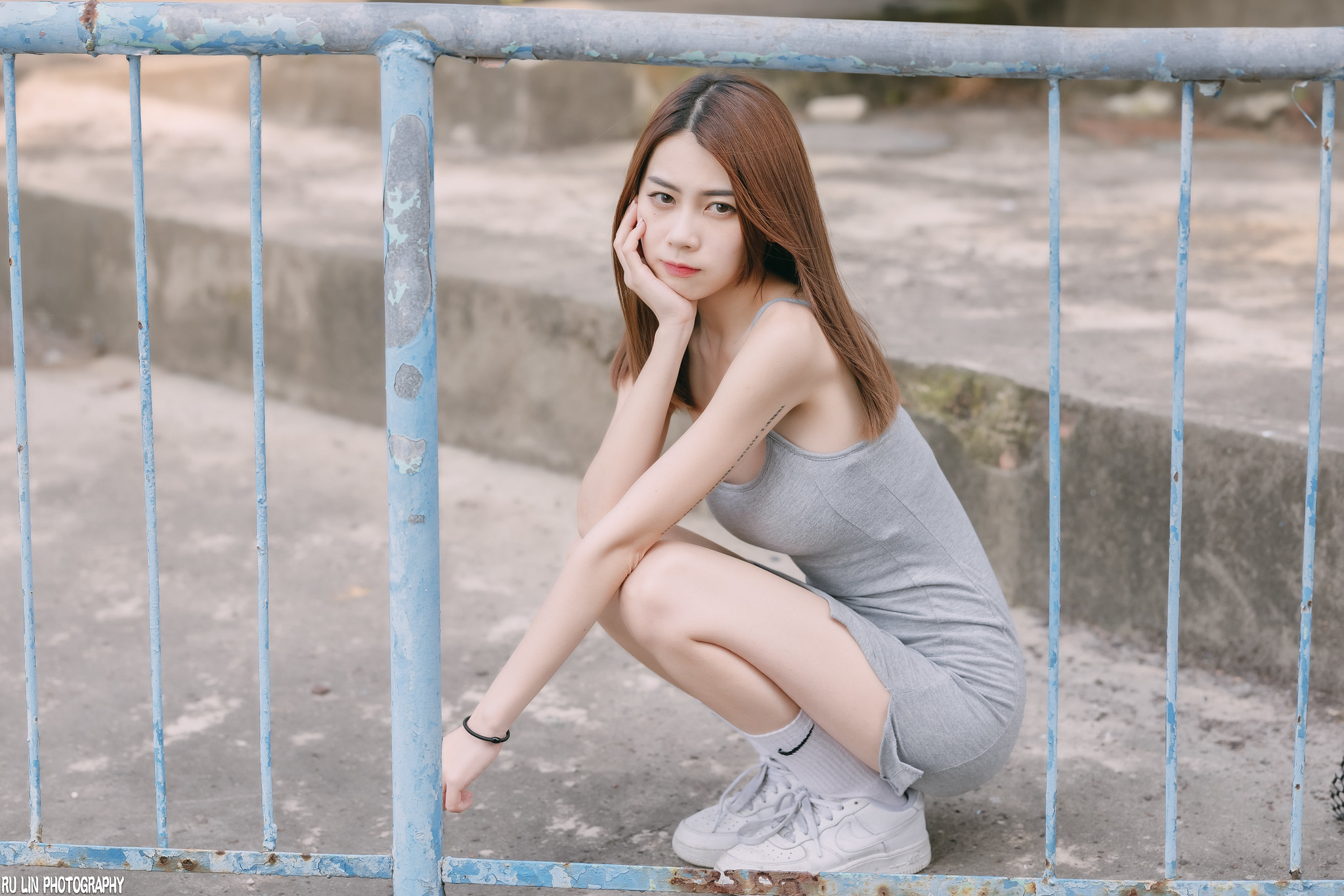 Sexy Funk Pig Women Brunette Long Hair Asian Straight Hair Dress Grey Clothing Sneakers Fence 2047x1365