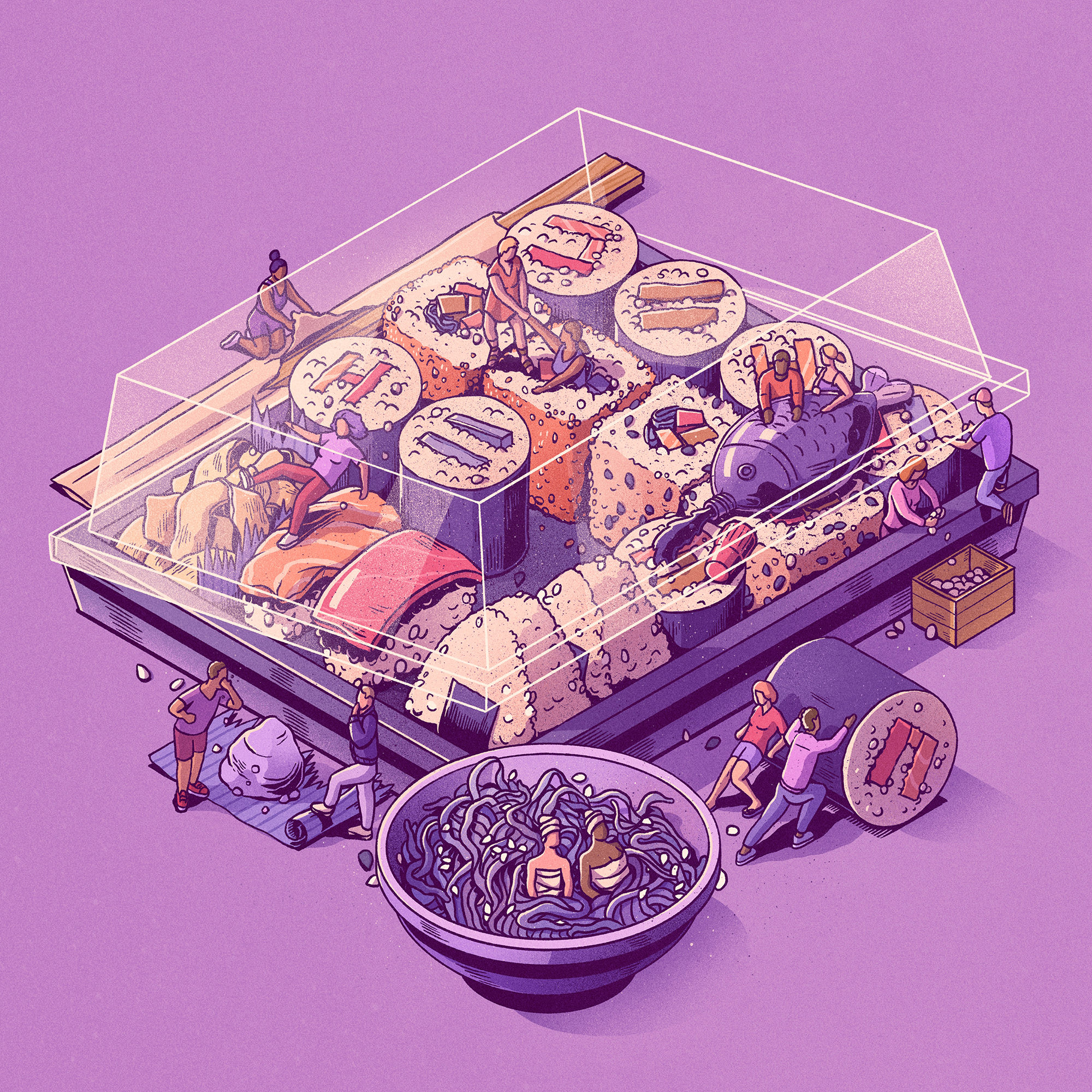 Digital Art Artwork Illustration Food Sushi Box People Abstract Minimalism Simple Background 2000x2000