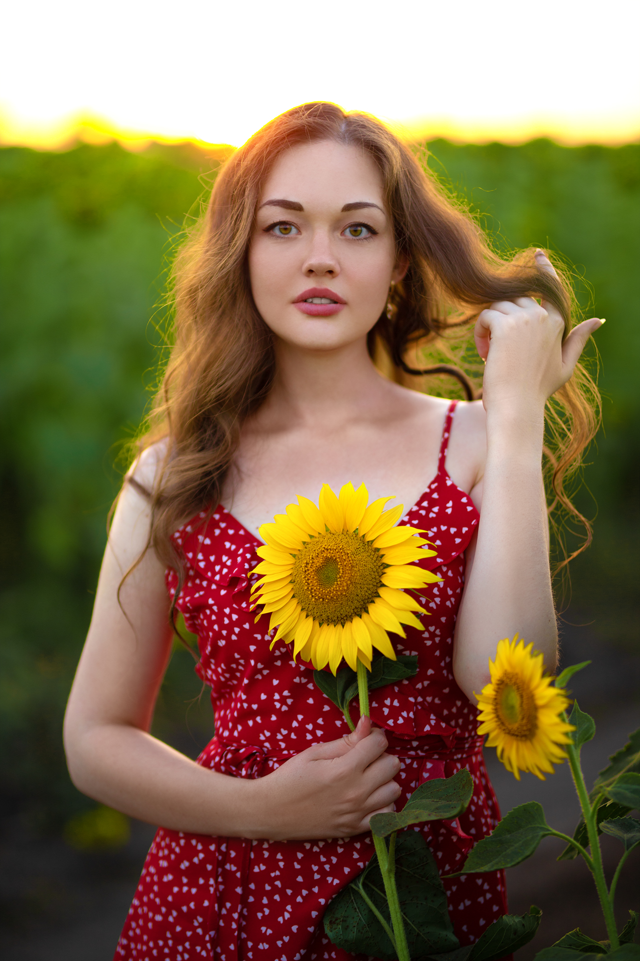 Aleksey Lozgachev Women Brunette Dress Makeup Red Clothing Holding Hair Sunflowers 1280x1920