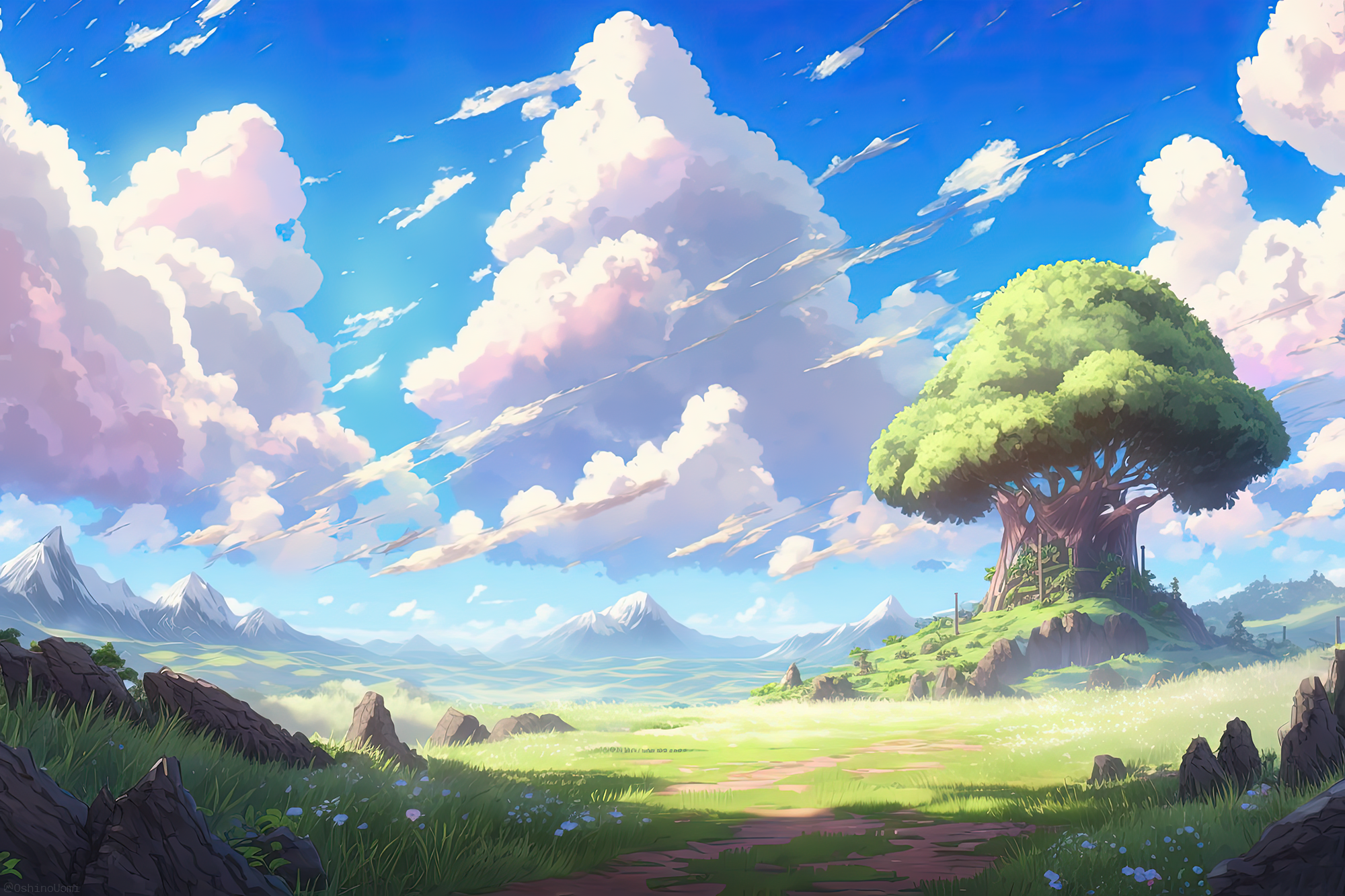 Uomi Ai Art Illustration Landscape Clouds Mountains Spring Grass Sky Flowers Artwork 2000x1333
