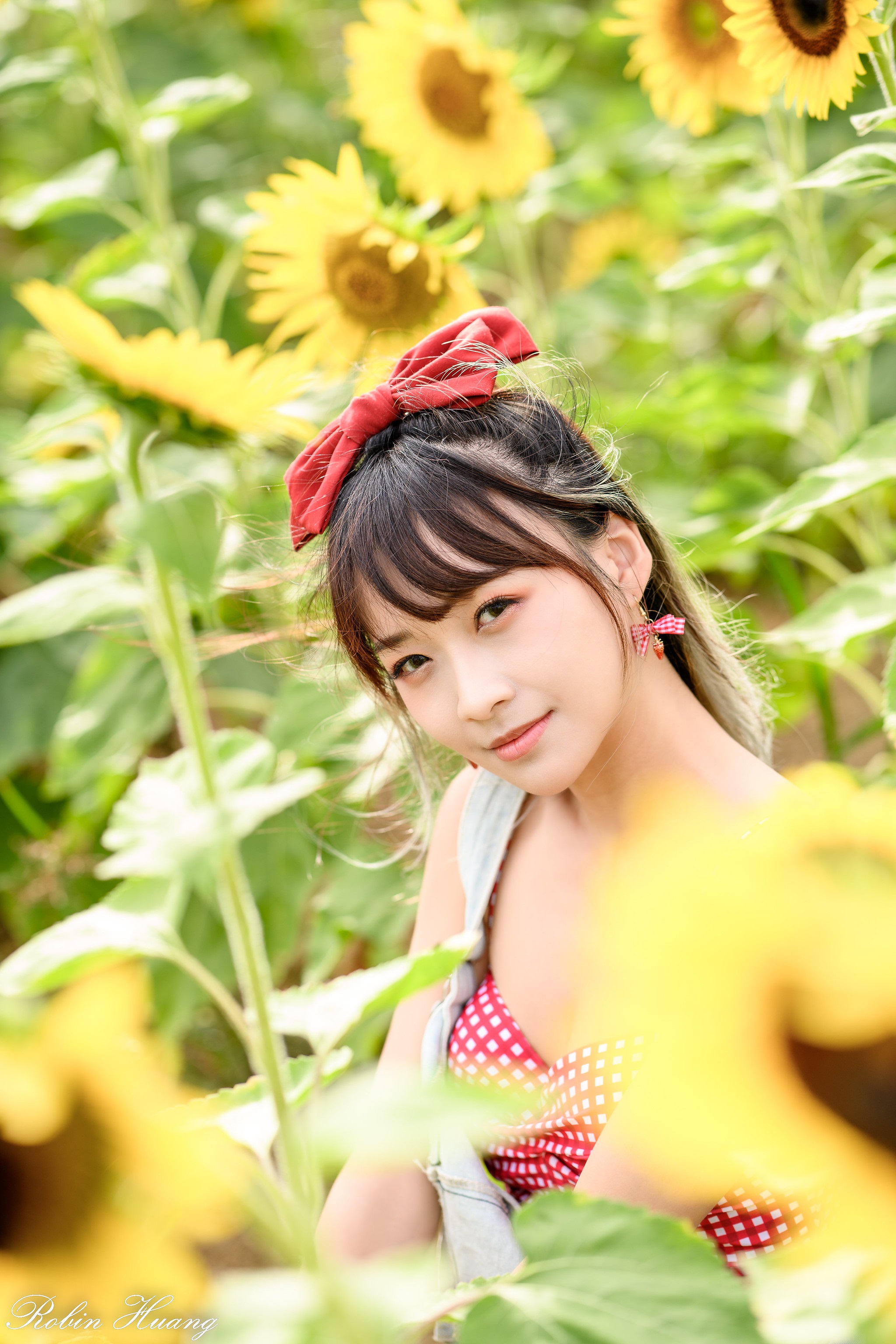 Robin Huang Women Asian Brunette Looking At Viewer Ribbon Sunflower Flowers Nature Field Portrait De 2048x3072