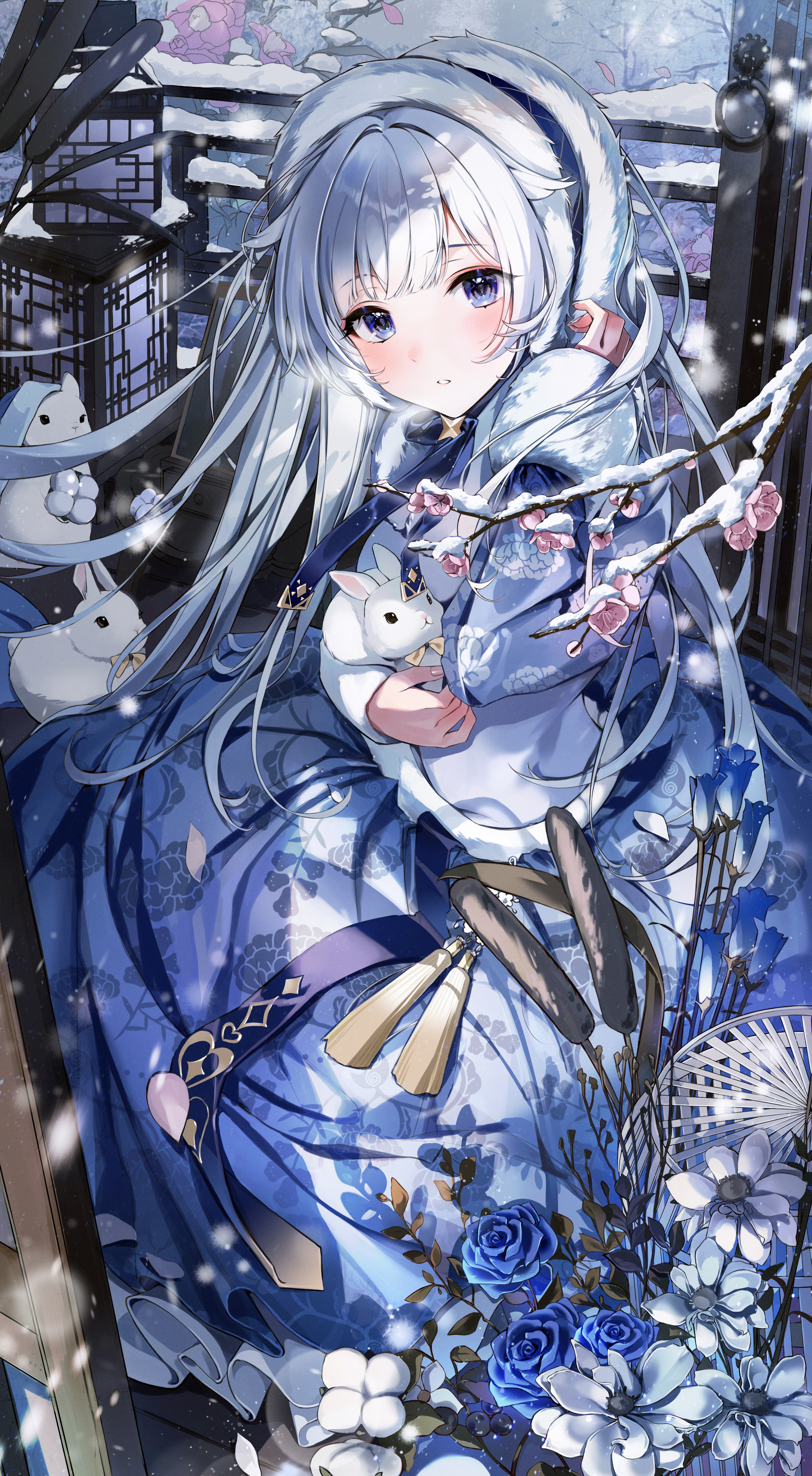 Rabbits Yukata Snow Silver Hair Blue Eyes Flowers Vertical Anime Girls Animals Petals 3000x5452