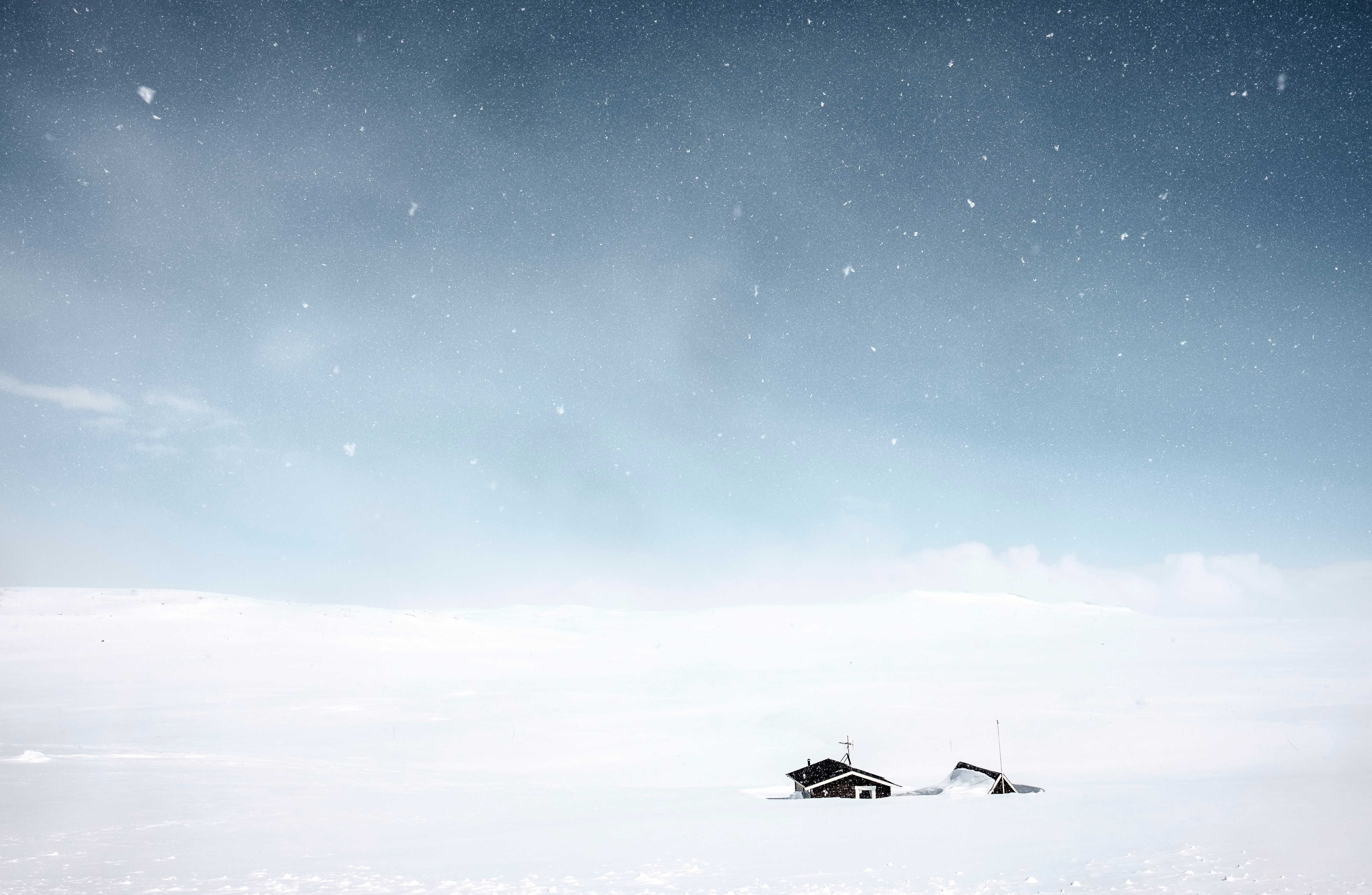 Winter Snow Nature Landscape Cabin Stars Simple Background Minimalism 4896x3196