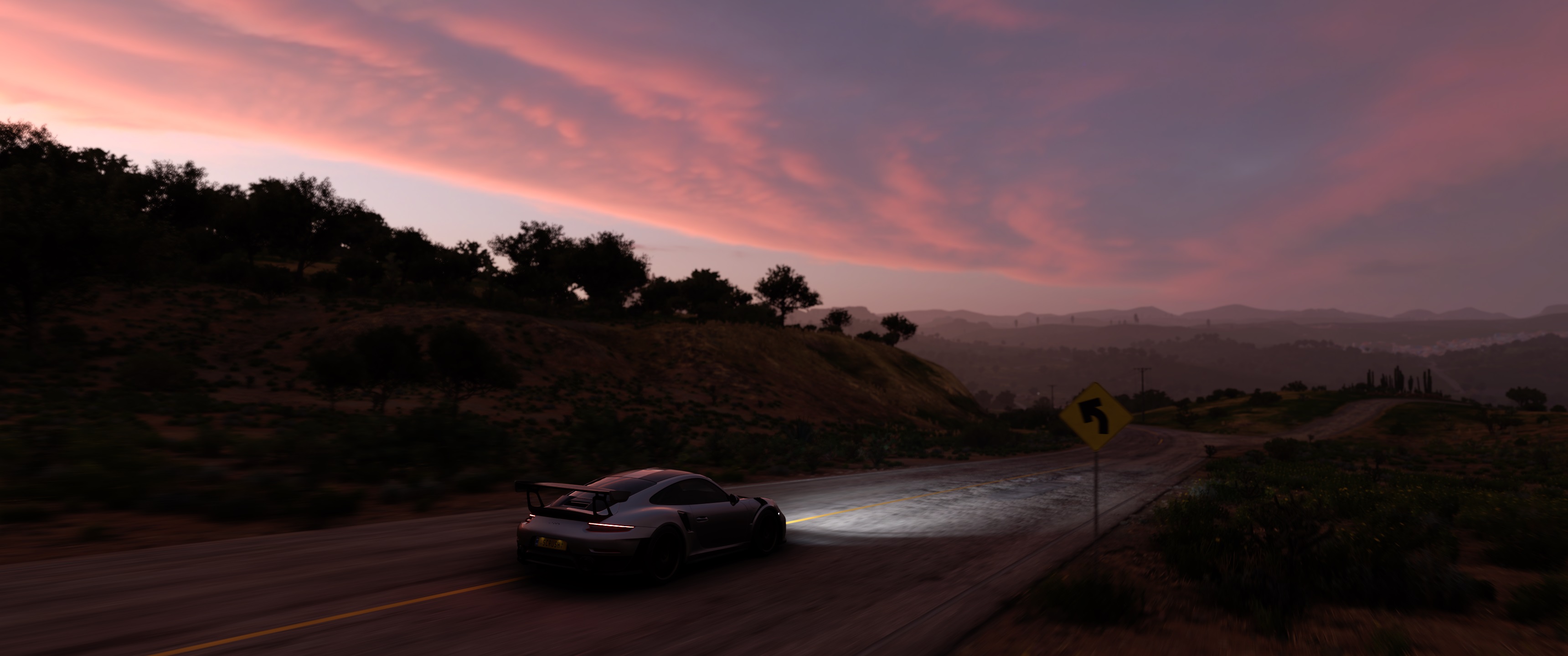 Forza Horizon 5 Video Games Mexico Car Road Headlights Sunset Glow Clouds 3440x1440