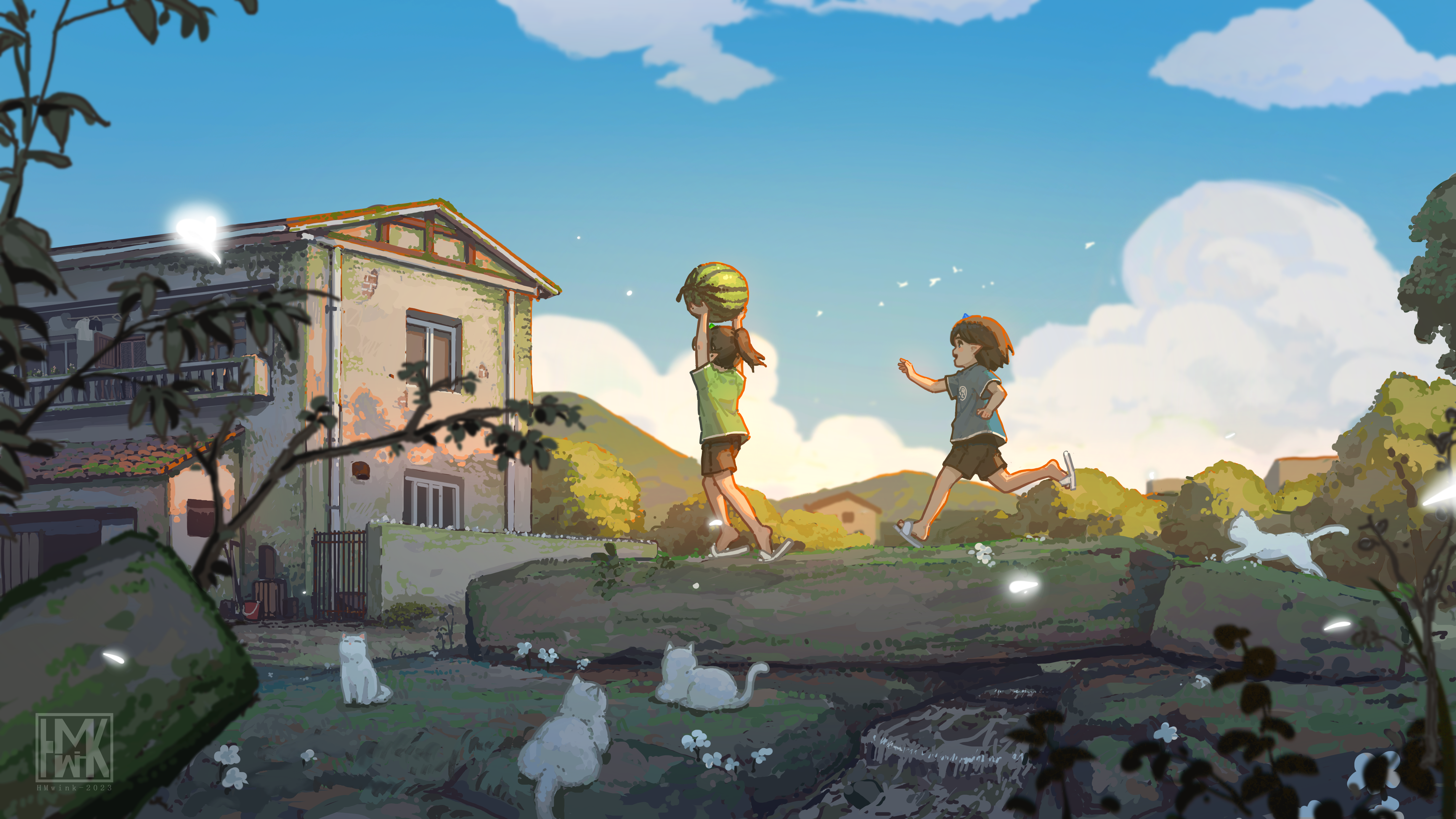 Hua Ming Wink Anime Girls Digital Art Artwork Watermelons Sky Clouds Running Cats Animals Branch Lea 5275x2968