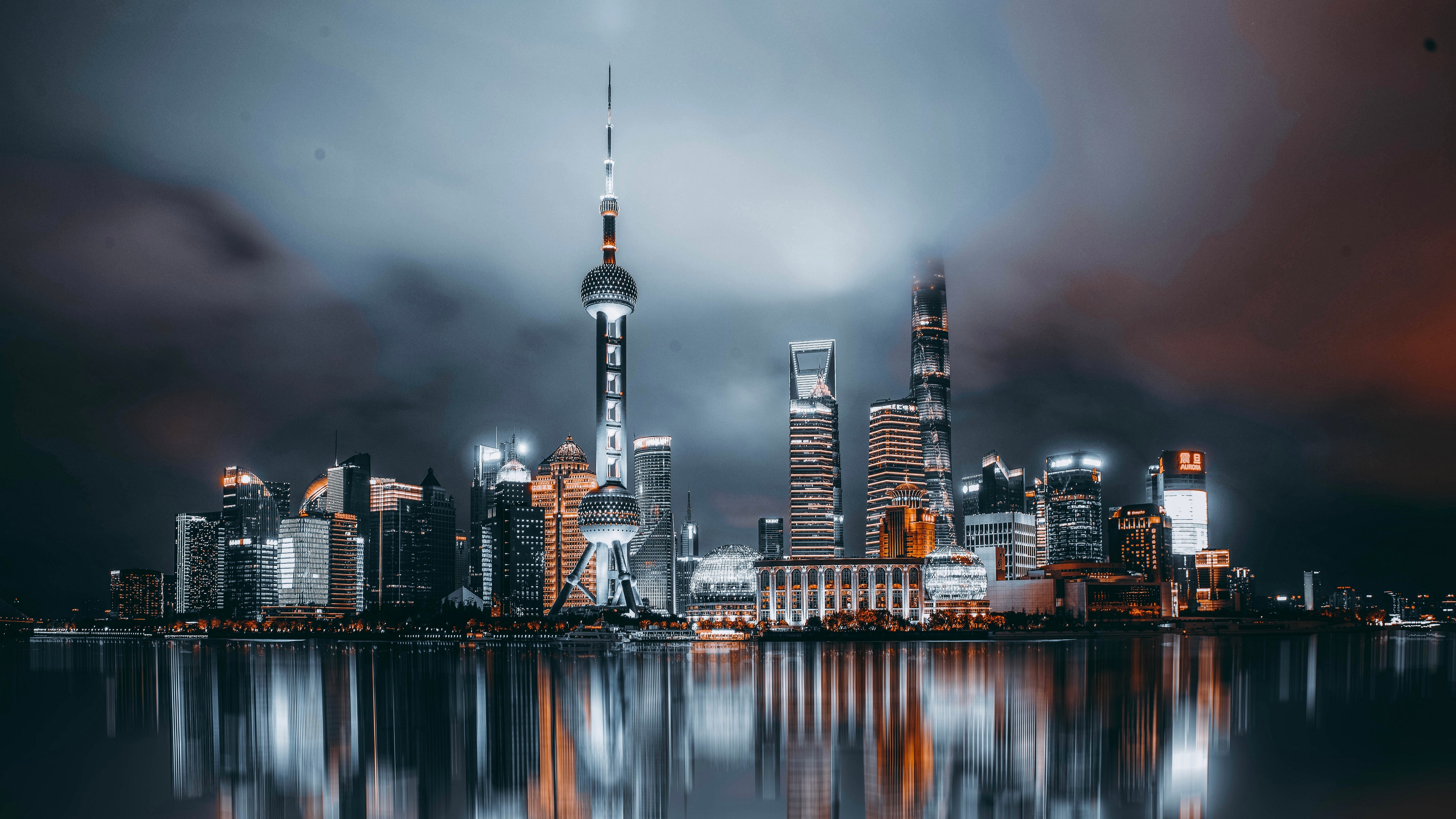 Shanghai China City Night Sky Skyscraper Lights Clouds Sea Reflection Architecture 3840x2160