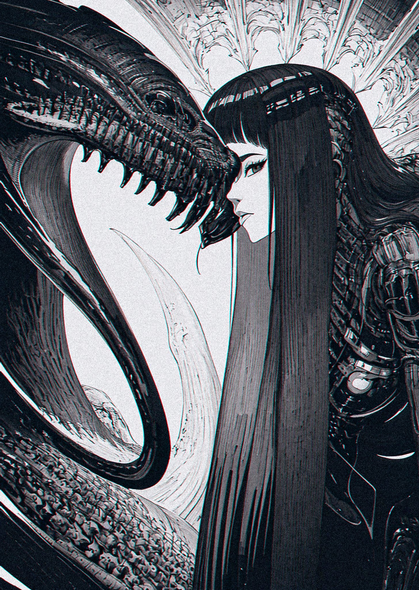 Xenotrip Monochrome Looking At Viewer Long Hair Anime Girls Portrait Display Creature 1456x2048