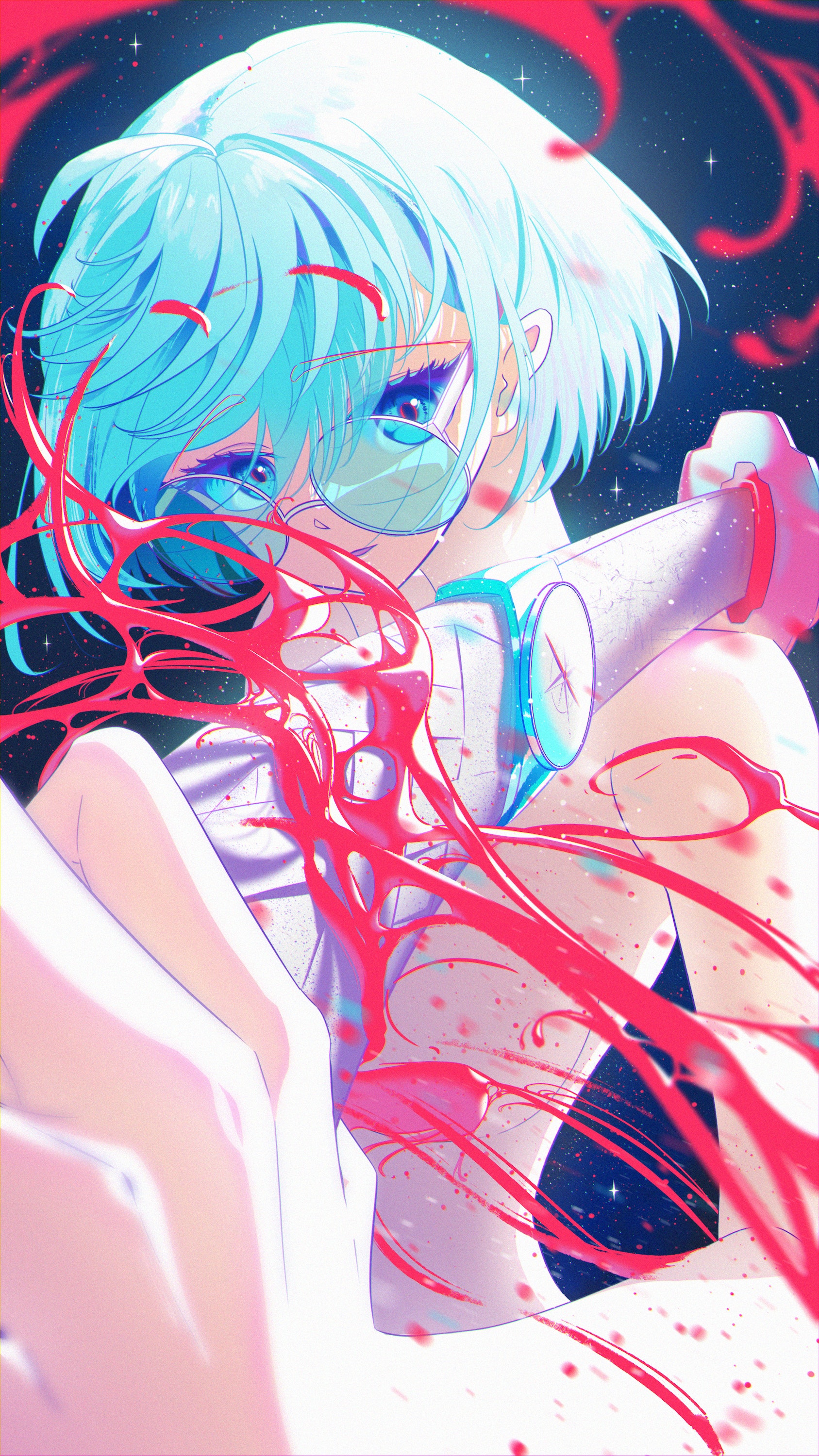 Yunillust Anime Digital Art Artwork Illustration Women Vertical Katana Blue Eyes Short Hair Glasses  1687x3000