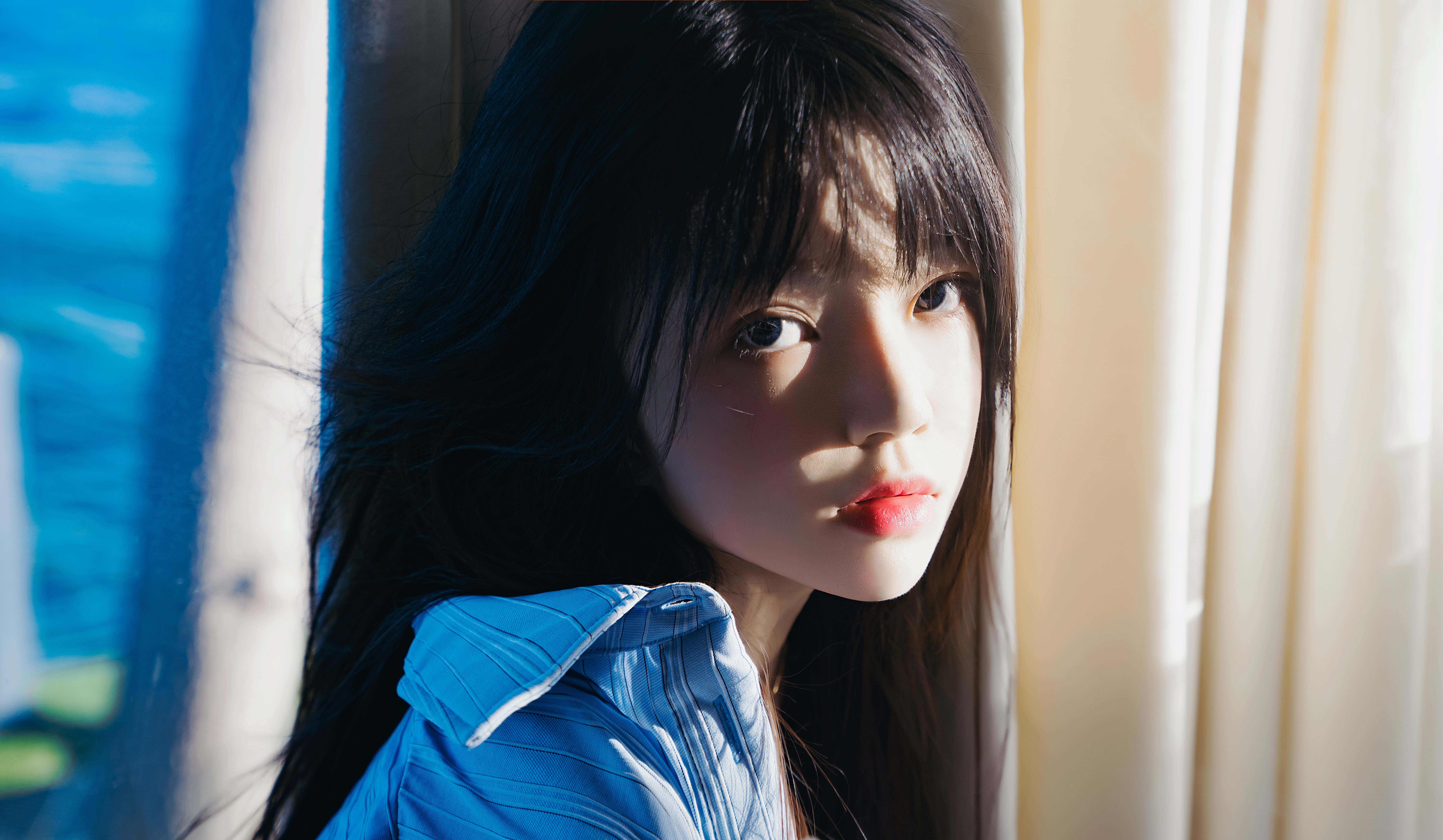 Black Hair Blue Blouse Lips Looking At Viewer Asian 7947x4628