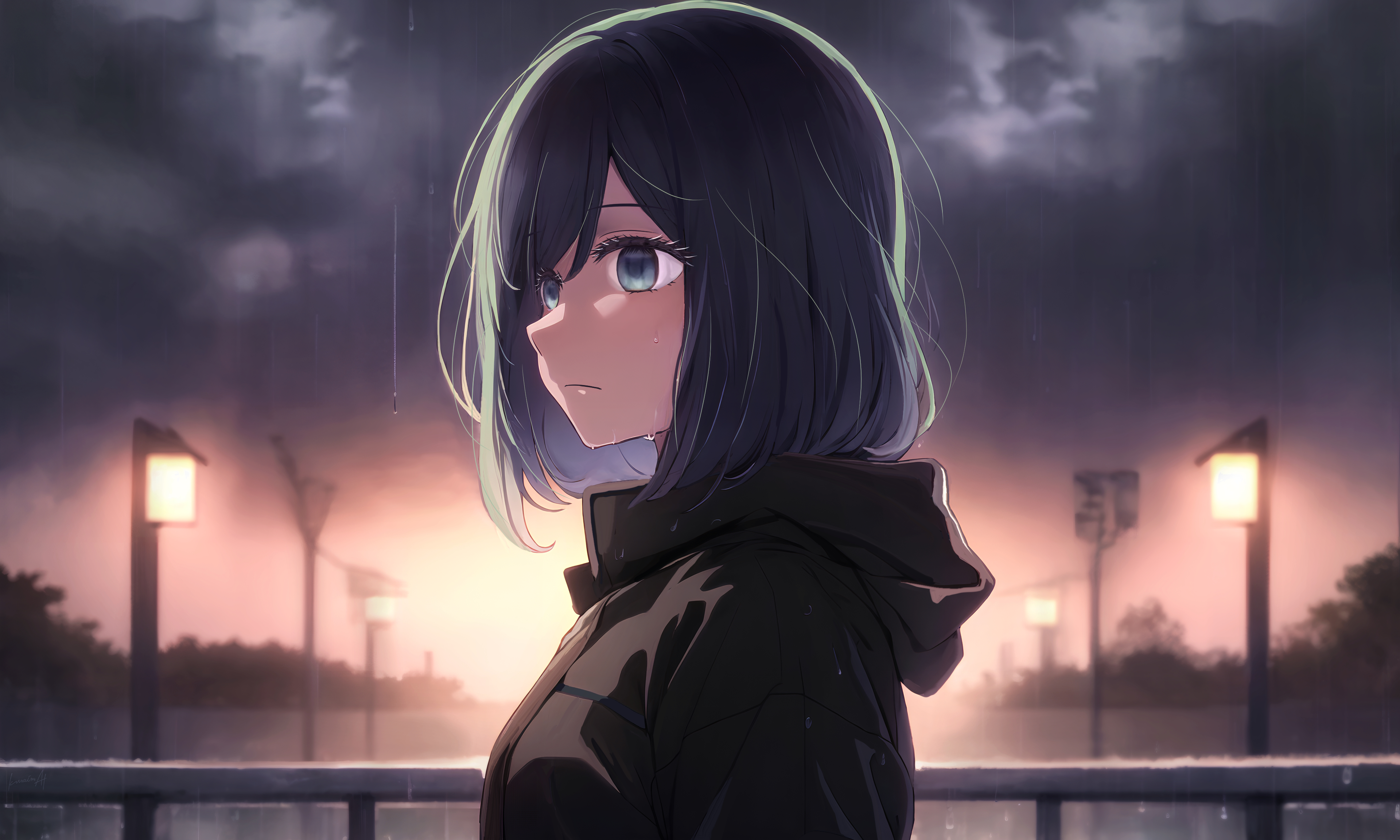 Oshi No Ko Kurokawa Akane Anime Girls Short Hair Sky Clouds Rain Jacket Wet 3840x2304