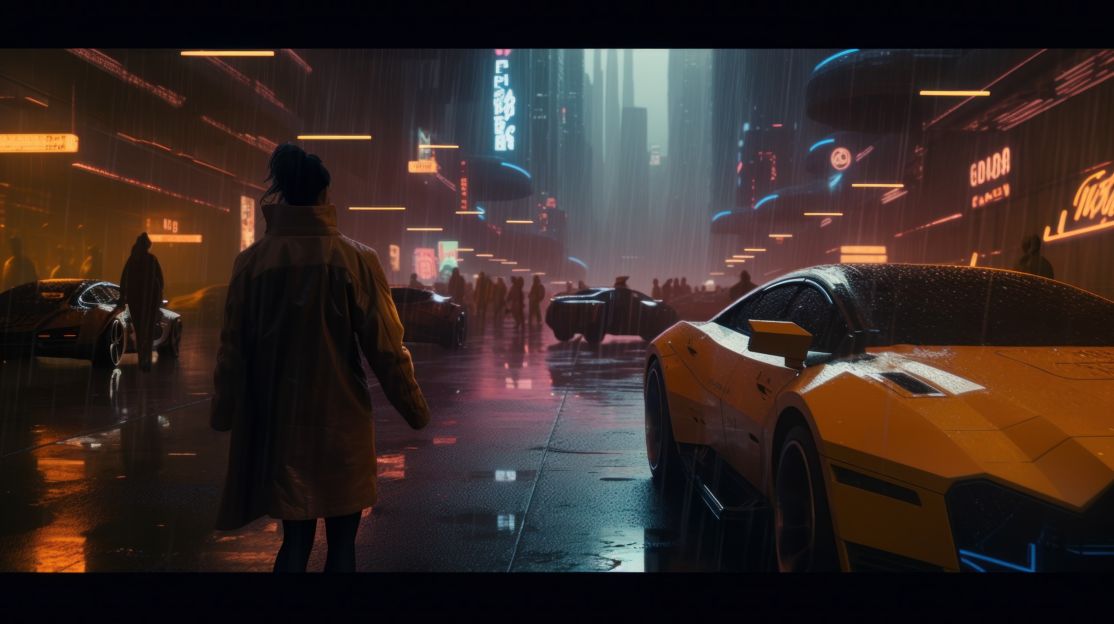 Ai Art City Cyberpunk Science Fiction Street Car Women Orange Illustration Rain City Lights Night 3854x2160