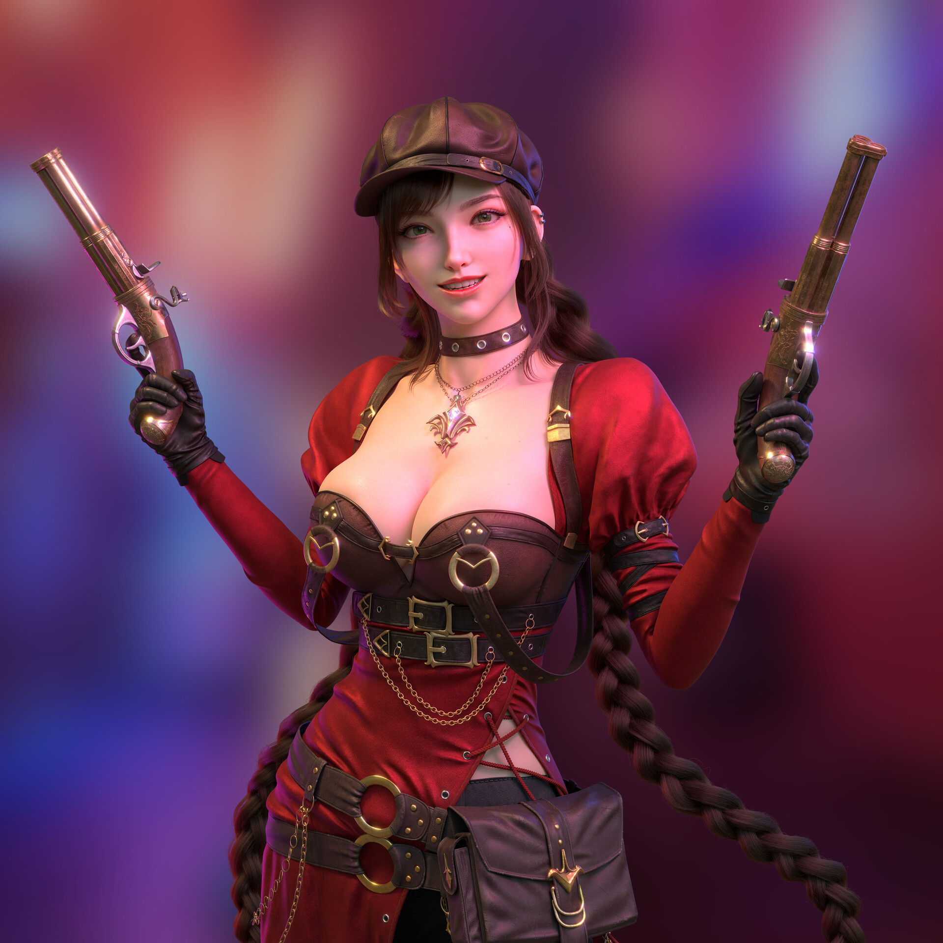 Cifangyi CGi Women Hat Brunette Weapon Pistol Red Clothing Twintails Braids Fantasy Art Colorful Gun 1920x1920